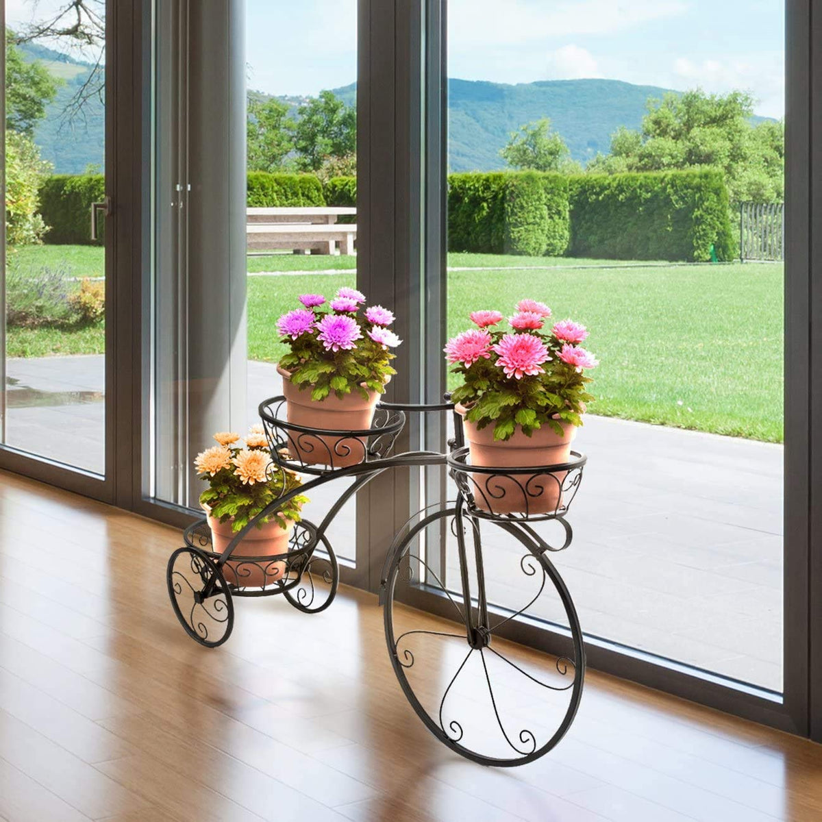 SHJC Tricycle Plant Stand Flower Herbs Holder Plant Pot Holder Flower Rack Flower Indoor Outdoor Garden Use, Perfect for Patios, Porches and Balconies,Brown