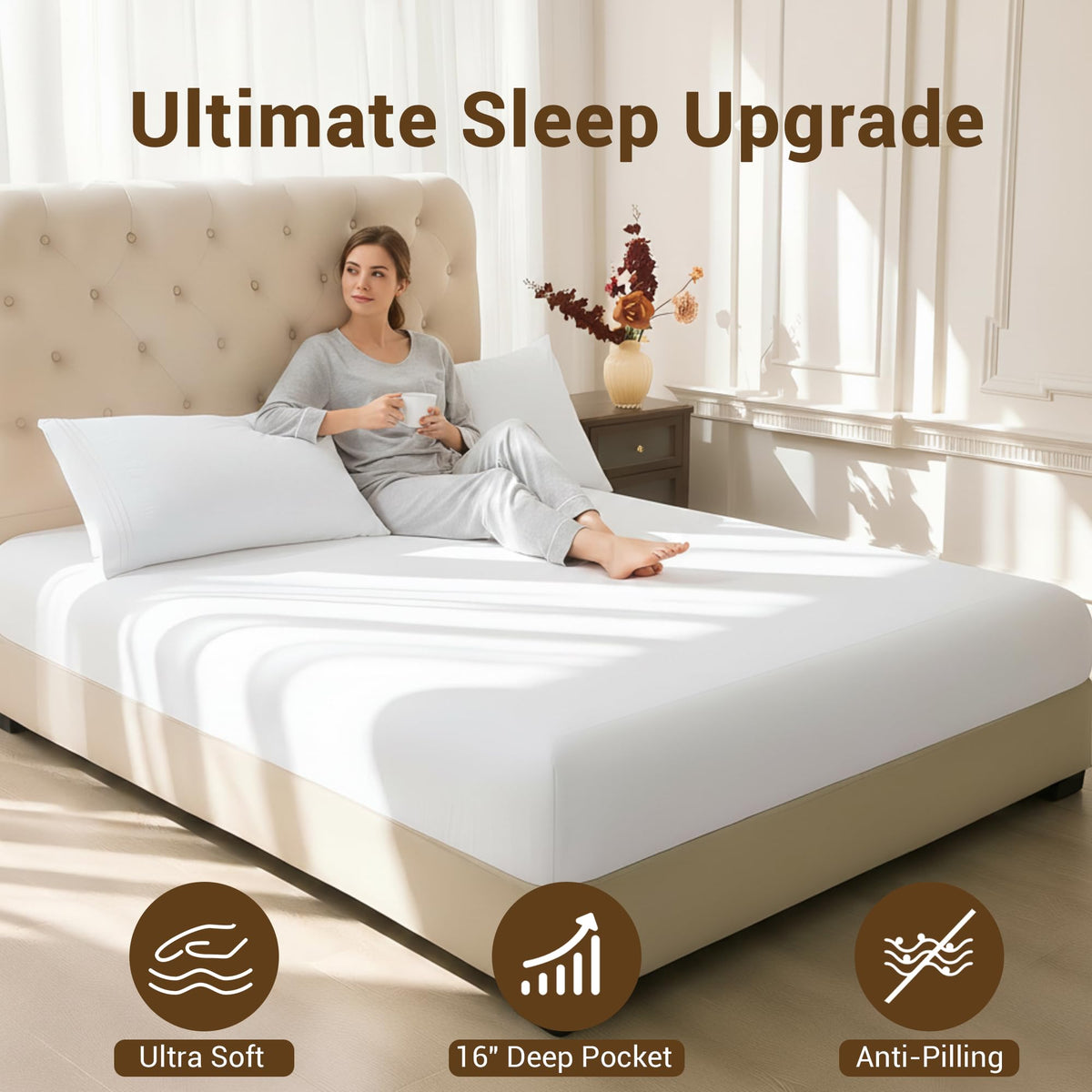 SheRest Full Size Bed Sheet Set 4 Piece - 16 Inch Extra Deep Pocket, Double Brushed Microfiber, Soft & Dry Touch, Stay in Place, Wrinkle Free, Stain & Fade Resistant Bedding - White