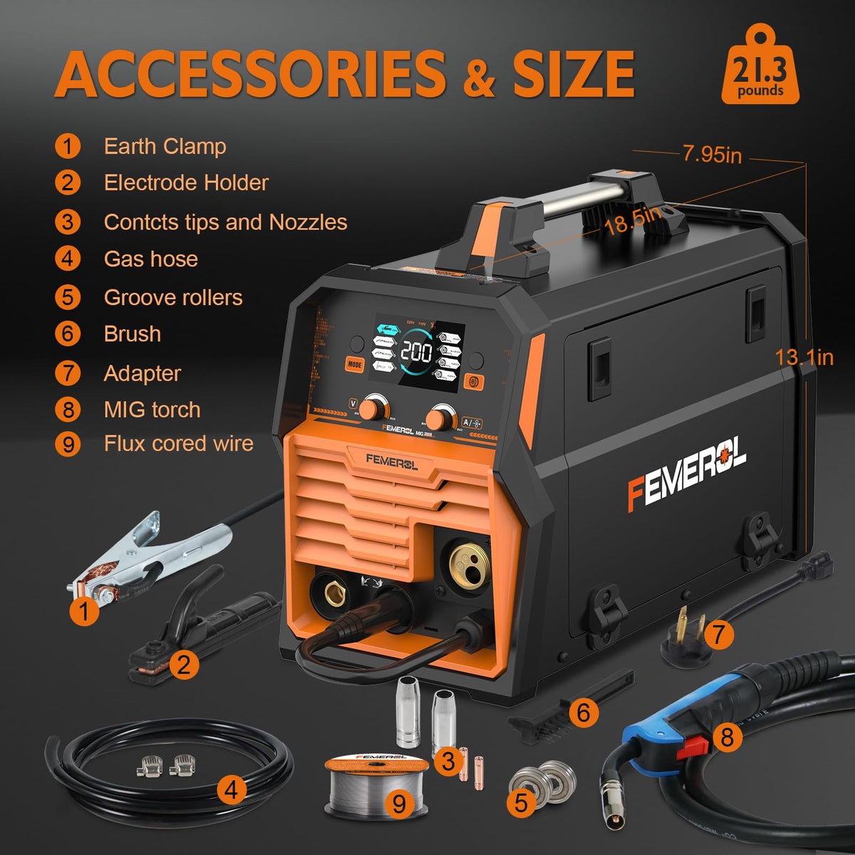 FEMEROL 200A MIG Welder,4 in 1 Gas MIG/Gasless Flux Core/Stick/Lift TIG Multi-process Welding Machine Large LED Display 110V/220V Multi Welder