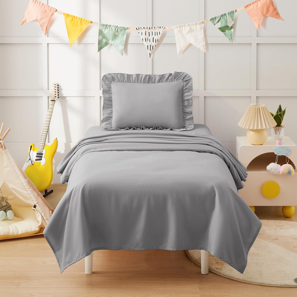 KKJIAF 3 Piece Toddler Sheet Set Microfiber, Includes a Flat Sheet, a Fitted Sheet and a Ruffle Pillowcase, Grey
