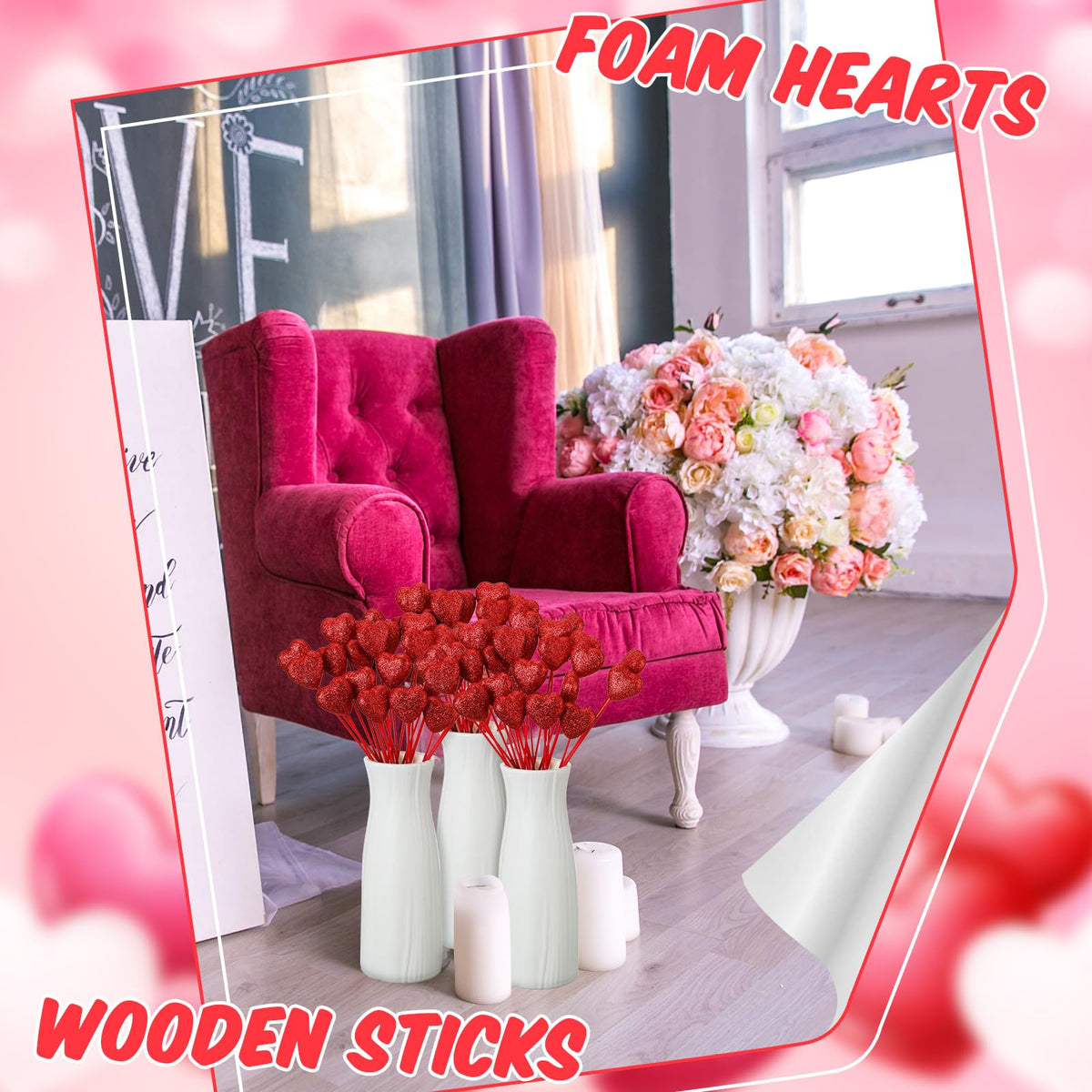 ZCYSRLQIN 24 Pcs Glitter Foam Hearts Sticks Foam Heart Picks Sparkly Hearts Stems Puffy Heart Wooden Picks for Wedding Decorations Flower Arrangements Crafts (Red)