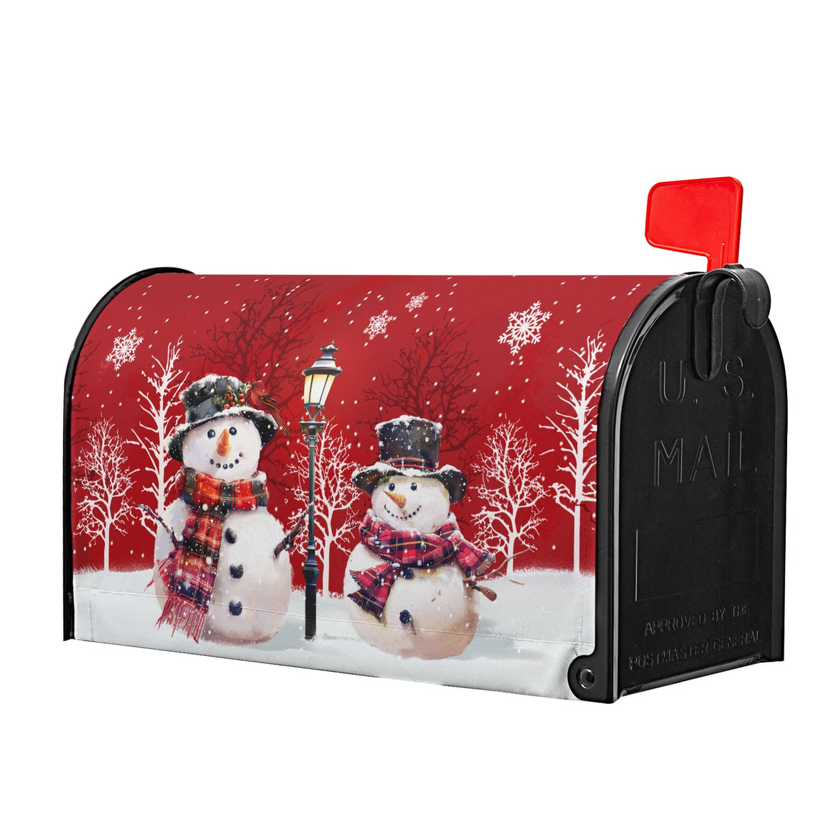 Merry Christmas Red Snowman Magnetic Red Winter Outdoor Mailbox Cover - Standard Size 25.5 x 21 Inch Snowflakes Holiday Mailbox Wrap