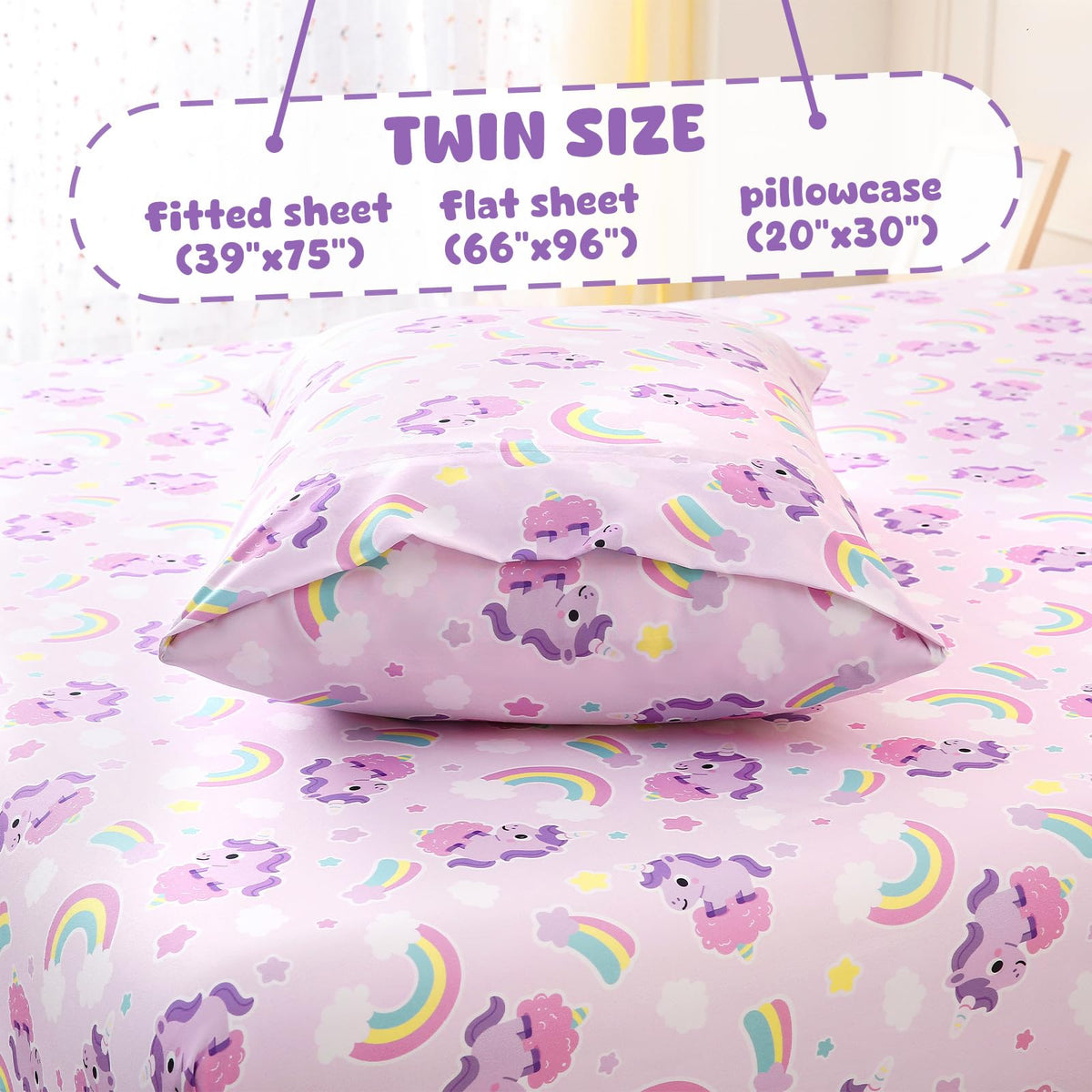 LONAVA Twin Sheet Set Kids - 3 Pieces Soft Microfiber Cartoon Style Bedsheets for Boys Girls Teens, Oeko TEX, Breathable Deep Pocket Sheets (Purple Unicorn)