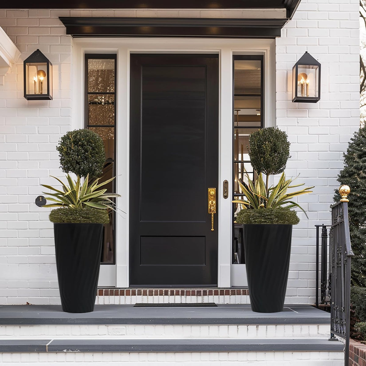 La Jolie Maison 24 Inch Tall Planters, Set of 2 Matte Black Tree Planters with Shelf Insert, Morden Large Round Plant Pots Containers for Indoor/Outdoor, Front Door, Patio and Deck