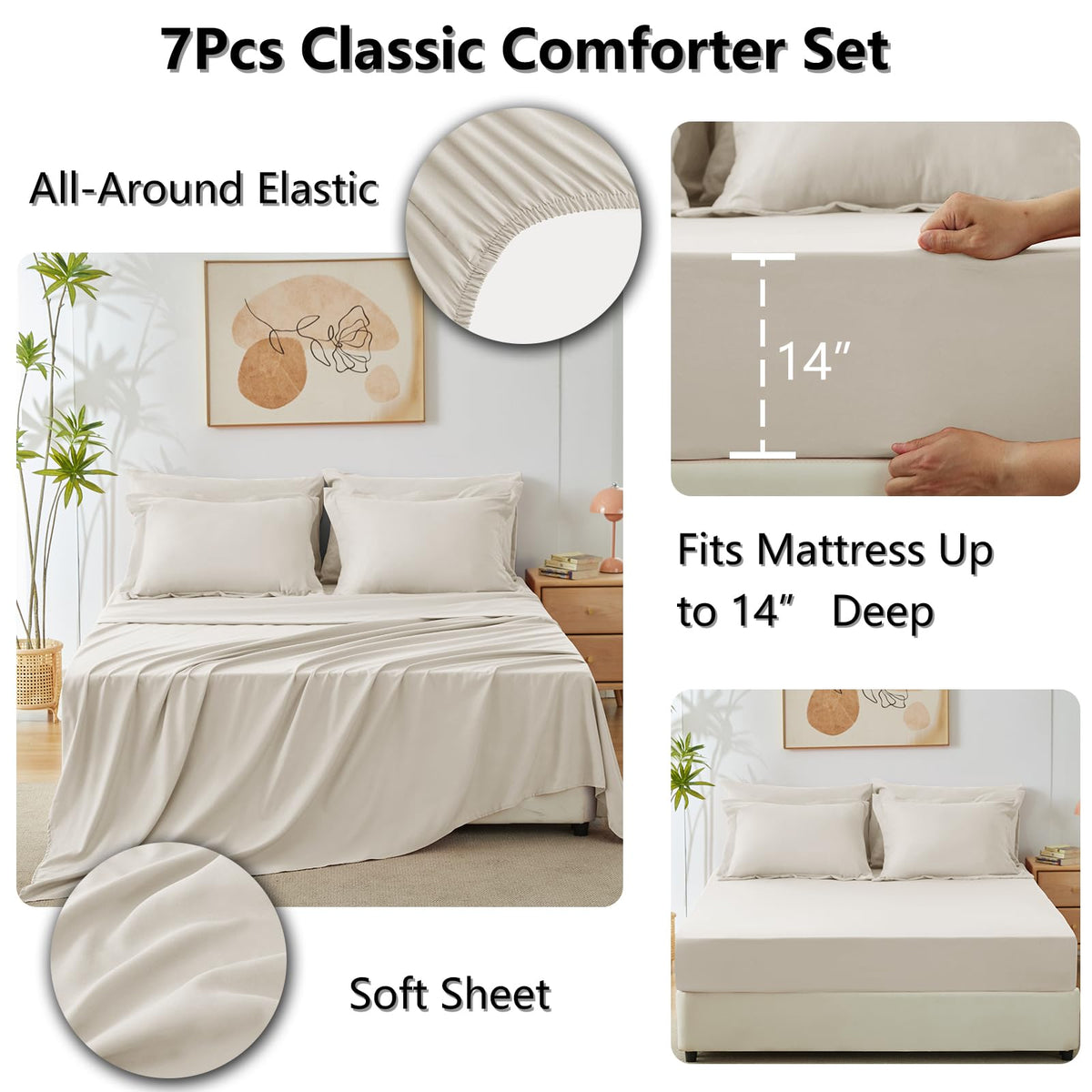 CozyLux Queen Comforter Set Beige - Bed in a Bag Queen Size 7 Pieces, Luxury Soft Bed Set for All Seasons, Bedding Set with Down Alternative Comforter, Sheets, Pillowcases & Shams