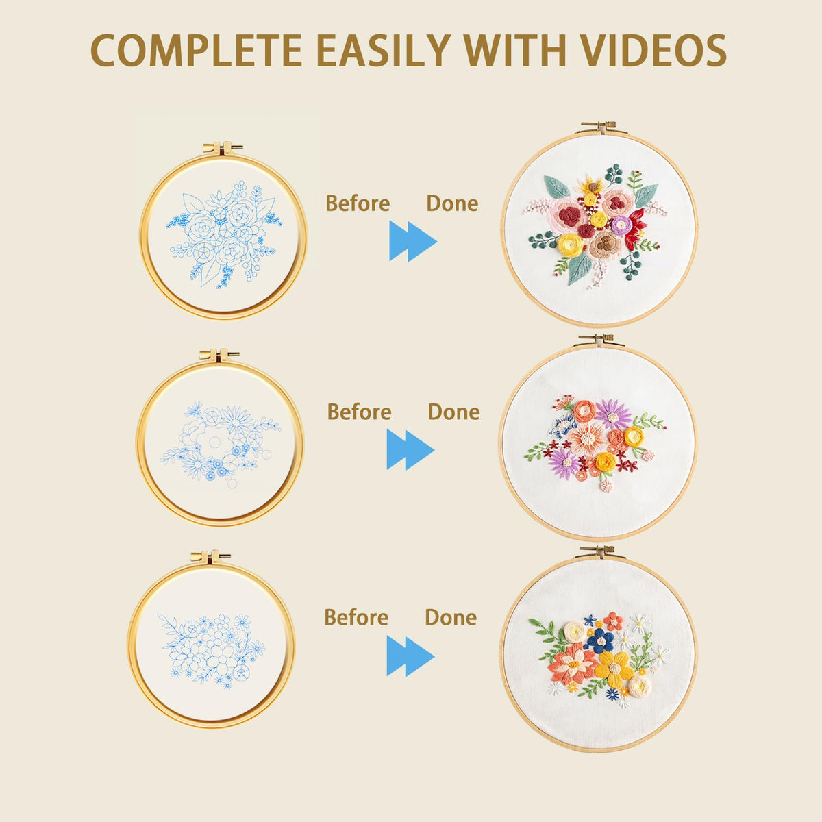 Gmakto Embroidery Kits for Beginners,3 Sets Beginner Embroidery Kit for Adults,Including 3Pcs Embroidery Cloths with Floral Pattern, 1 Pcs Plastic Embroidery Hoops, 3Pcs User Manual(Flower)