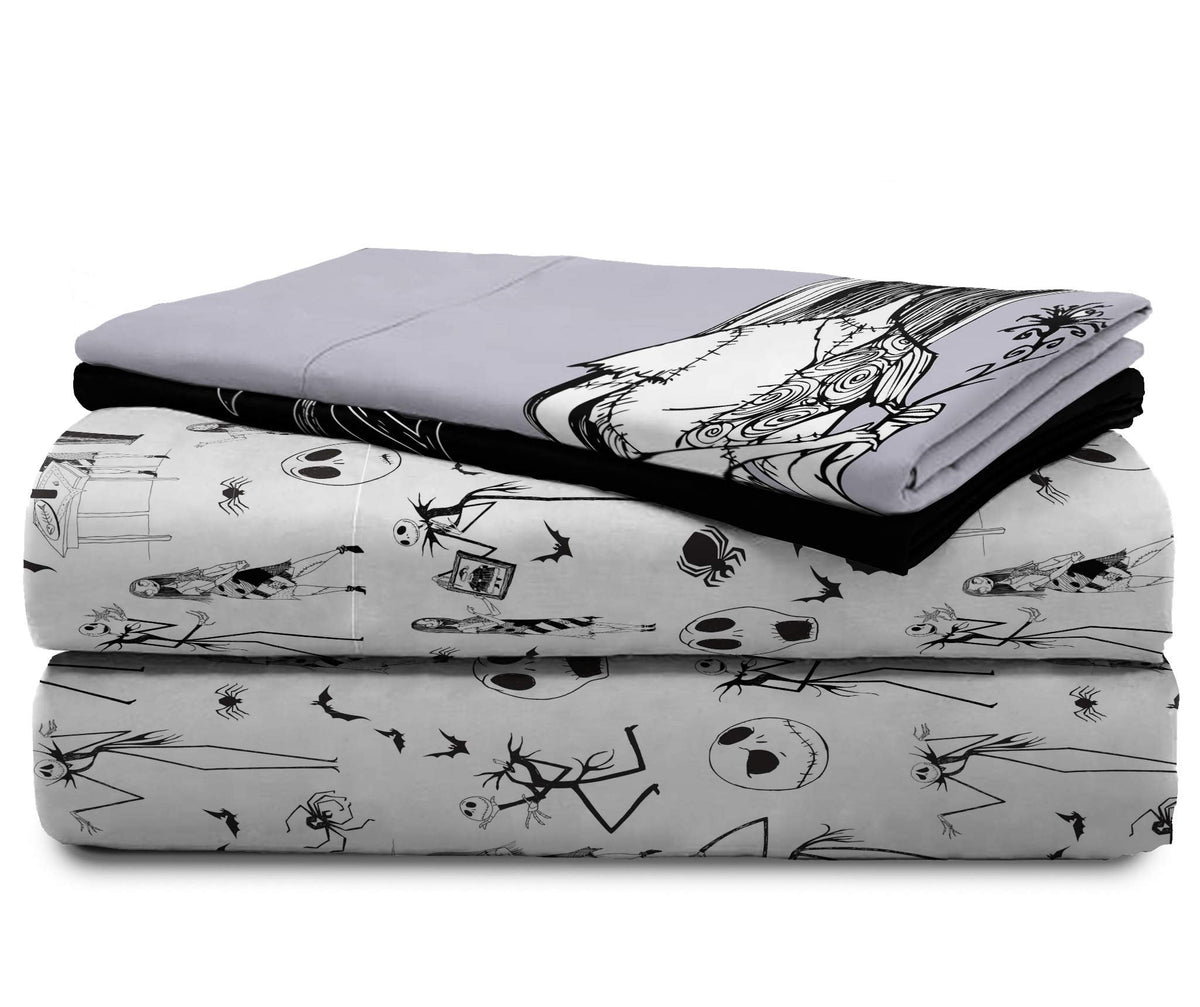 Jay Franco Kids Sheet Set with Fitted, Flat Sheets & Pillow Cover - Ultra-Soft Bedding with Pillowcase for Room Decor, White - Nightmare Before Christmas, 4 Piece Full
