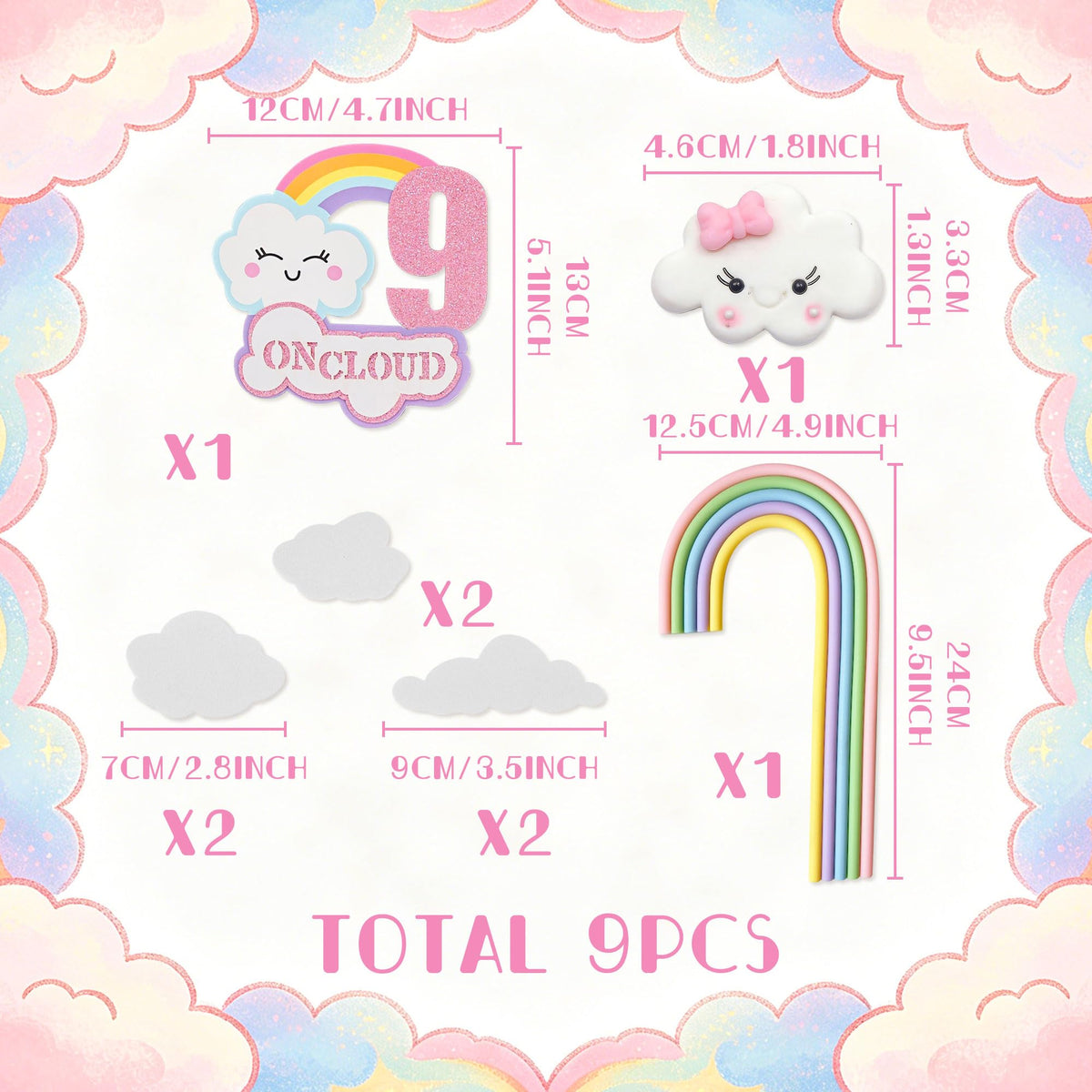 LaVenty On Cloud 9 Cake Decoration Topper 9th Birthday Cake Decoration 9th Bday Party Supplies Clouds