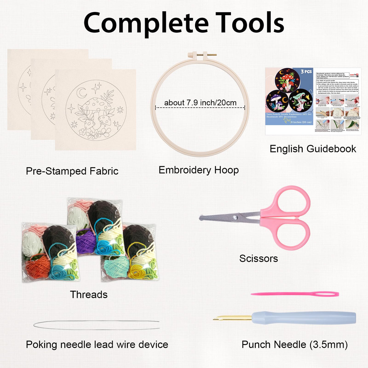 Nuberlic 3 Pack Punch Needle Kits for Beginners Mushroom Embroidery Pattern with Hoop Embroidery Punch Needle Starter Craft Set, Perfect Handmade Gift for Adults & Teens (Beginner-Friendly Crafts)