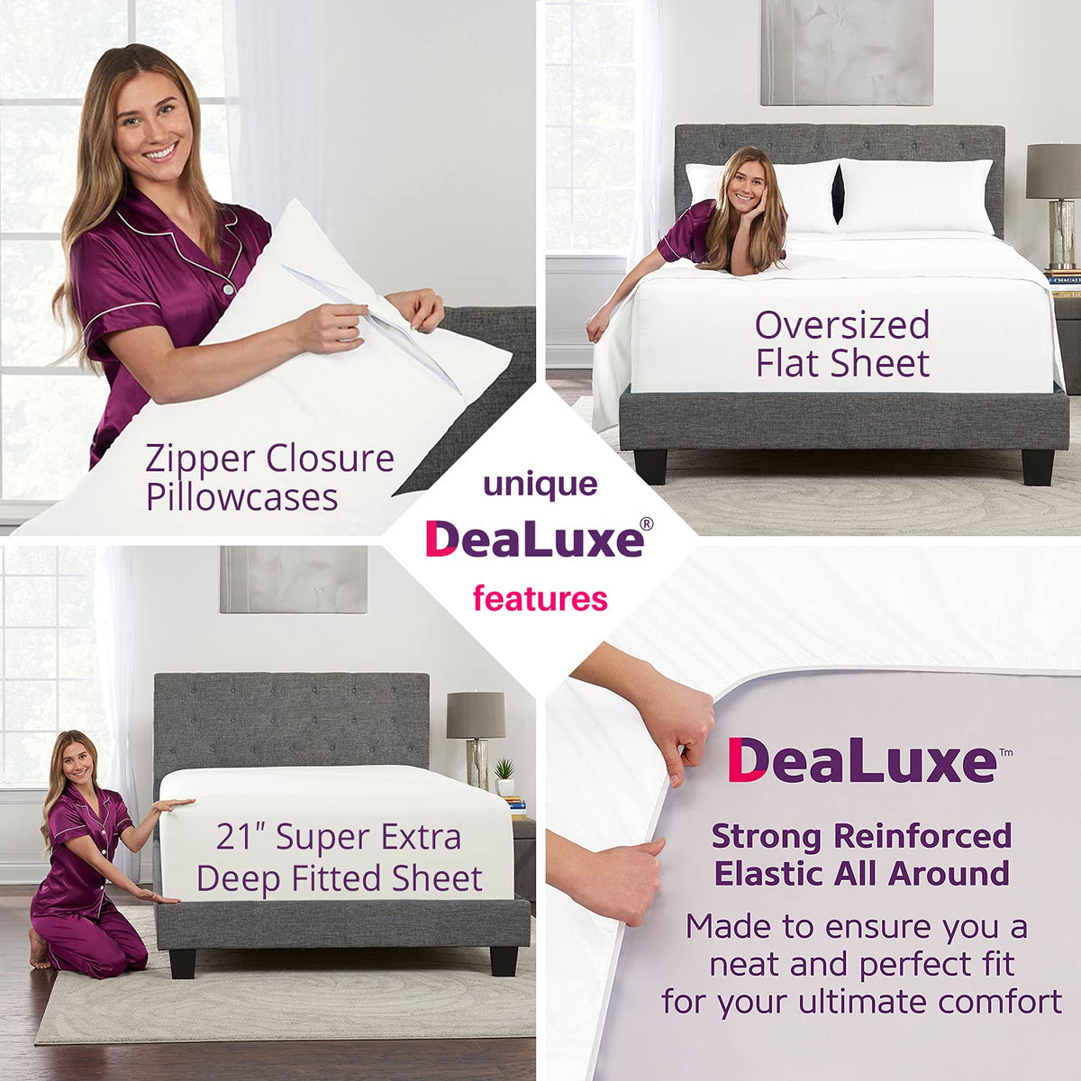 Extra Deep Pocket King Size Sheets – 21” King Sheet Sets Deep Pocket – [4 Piece Set] King Bed Sheets Oversize Flat Sheet, Fitted Sheet, 2 Zippered Pillowcases – 18”–23” Deep Pocket King Sheets – White