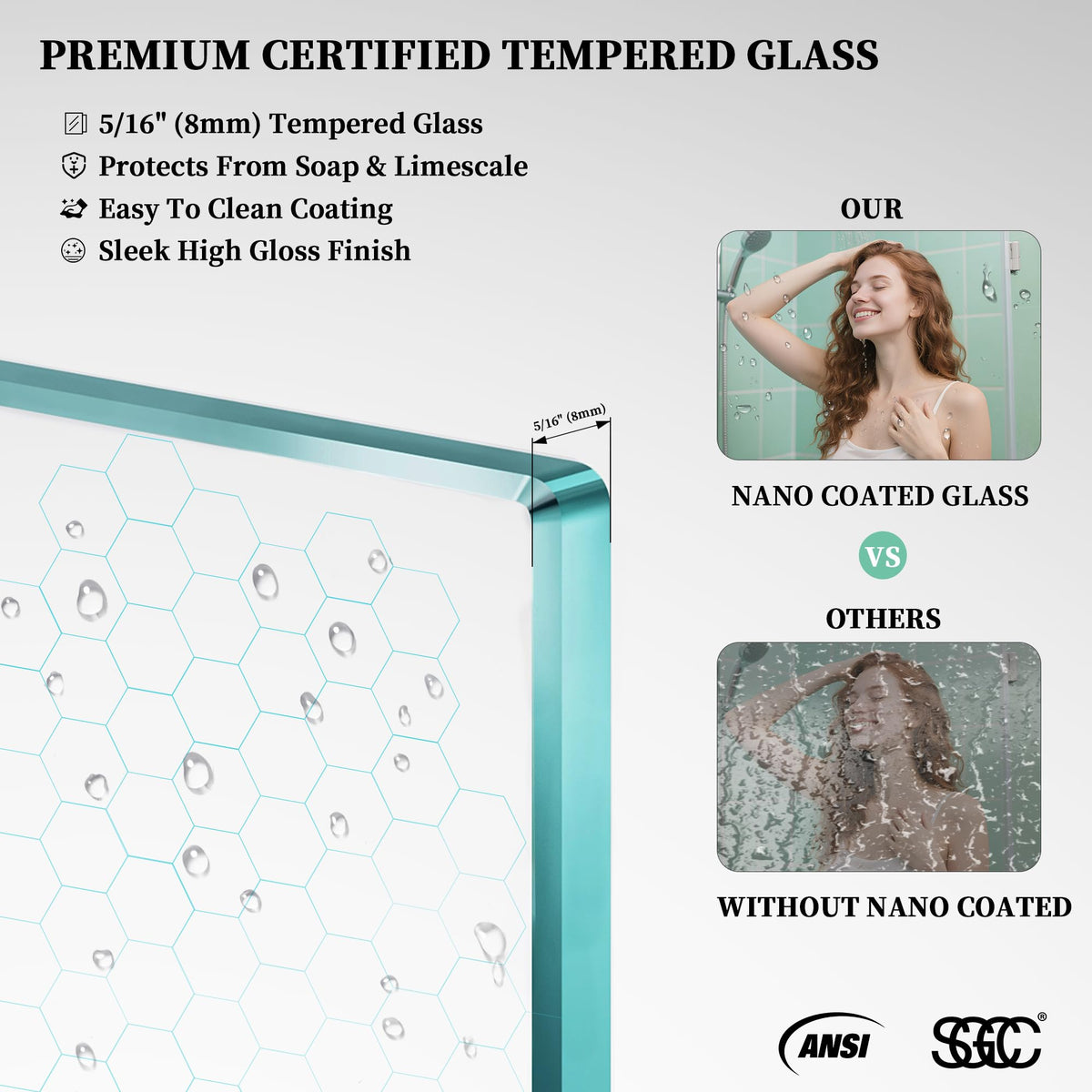 AquivaCoast 51.2-52" W x 74" H Hinged Swing Shower Door, Pivot Frameless Shower Door with 5/16"(8mm) Clear SGCC Tempered Glass, Magnetic Closing, Chrome