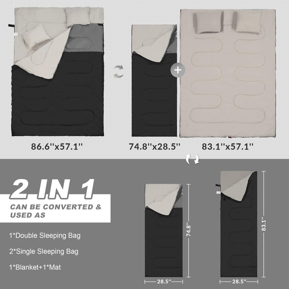 Elevon Double Sleeping Bag with 2 Pillows for Adults, Black