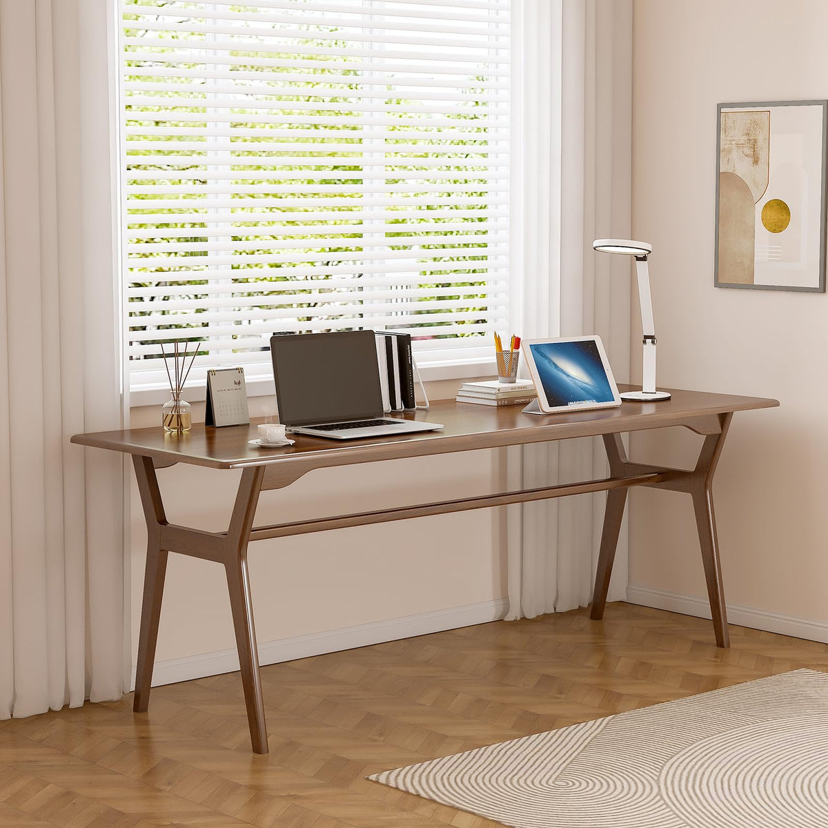 OSCHF Solid Wood Study Desk - 71" Double Long Computer Table for Home Office, 2-Person PC Workstation, Walnut