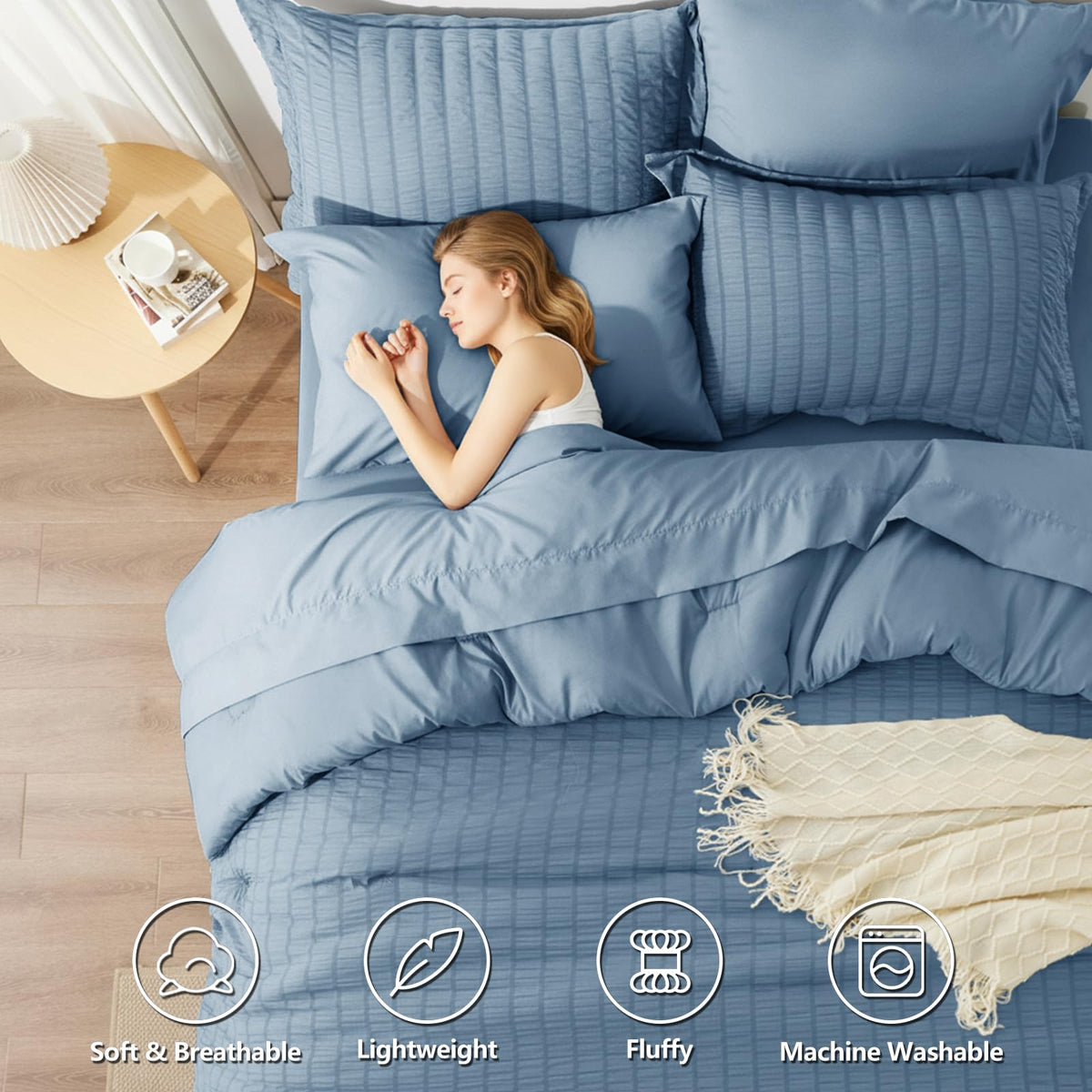 HIMEET Queen Comforter Set - 7 Pieces Seersucker Bed in a Bag, Boho Bedding Sets for Bedroom Decor, All Season Home Essential Bed Set with Comforter, Sheets, Pillowcases & Shams, Grayish Blue