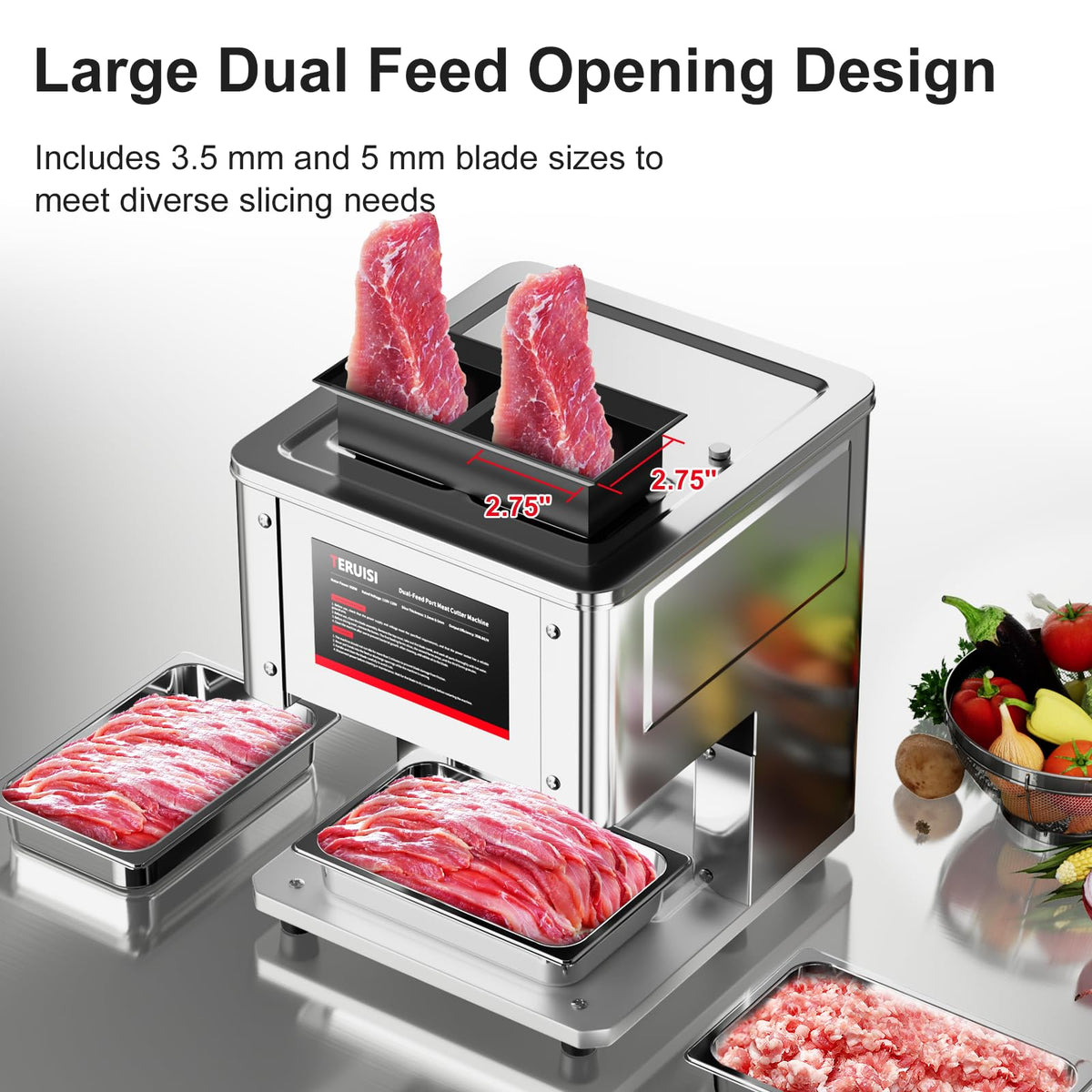TERUISI Commercial Meat Cutter Machine, 950W Dual-Port Electric Meat Cutter 3.5mm&5mm Slicing Output 450 LBS/H, Meat Slicer with Removable Blade for Boneless Beef Chicken Soft Vegetables