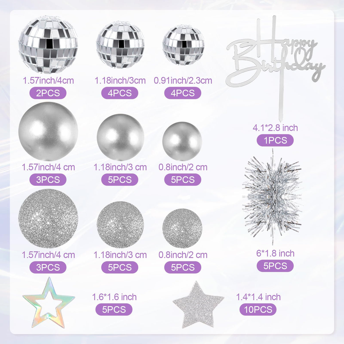 Teenyyou 57 Pcs Disco Cupcake Toppers Glitter Happy Birthday Cake Topper Cake Decorations Kits Disco Balls Star Tinsel Firework Cupcake Picks for Wedding Baby Shower Birthday Party Decor