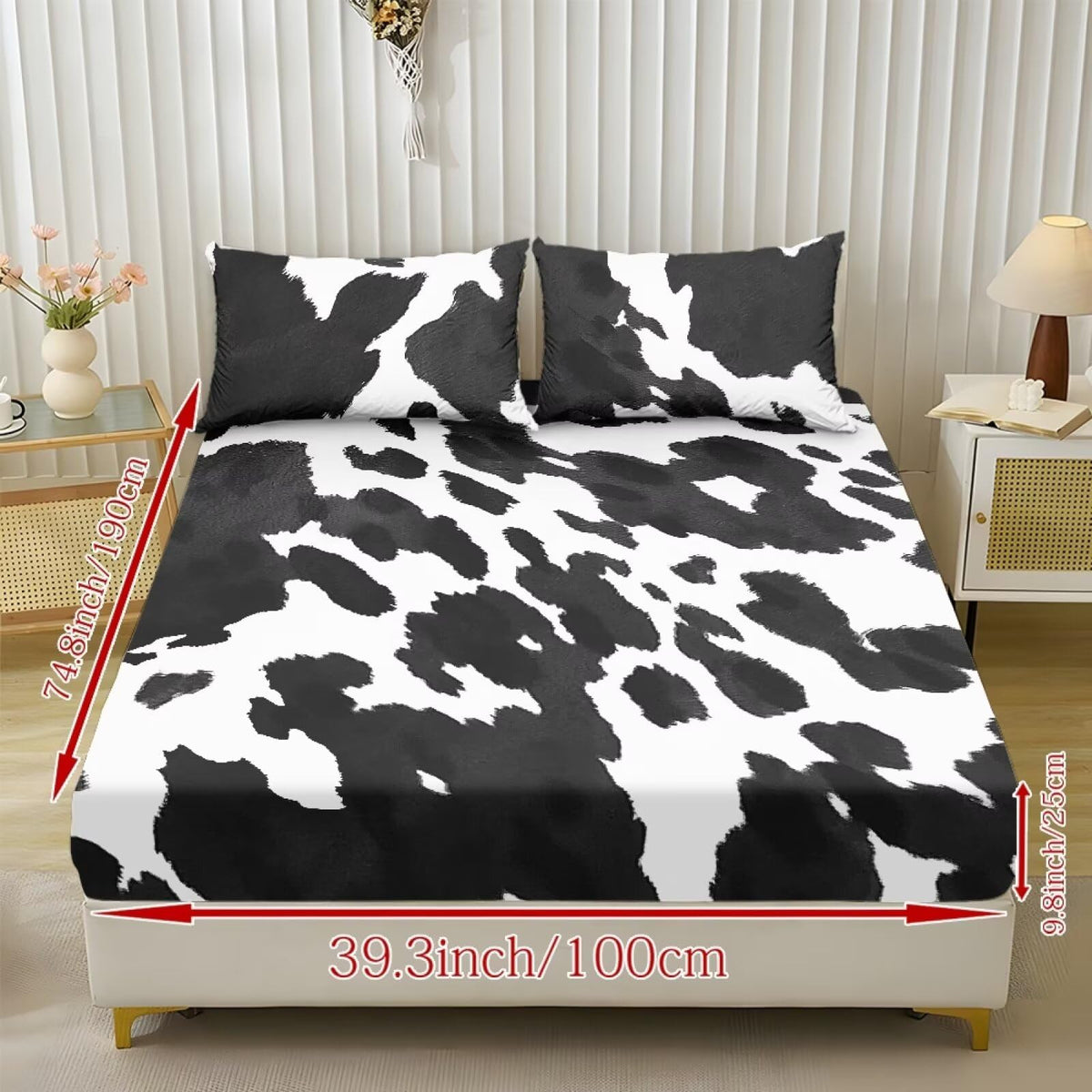 ZDCUSTOM Cow Print Sheet Sets of 3 Twin XL Size Soft Classic Fitted Sheet with 2 Pillowcases Easy Care Non-Slip Bedsheet for Twin XL Size Bed Stylish, 39" x 79"
