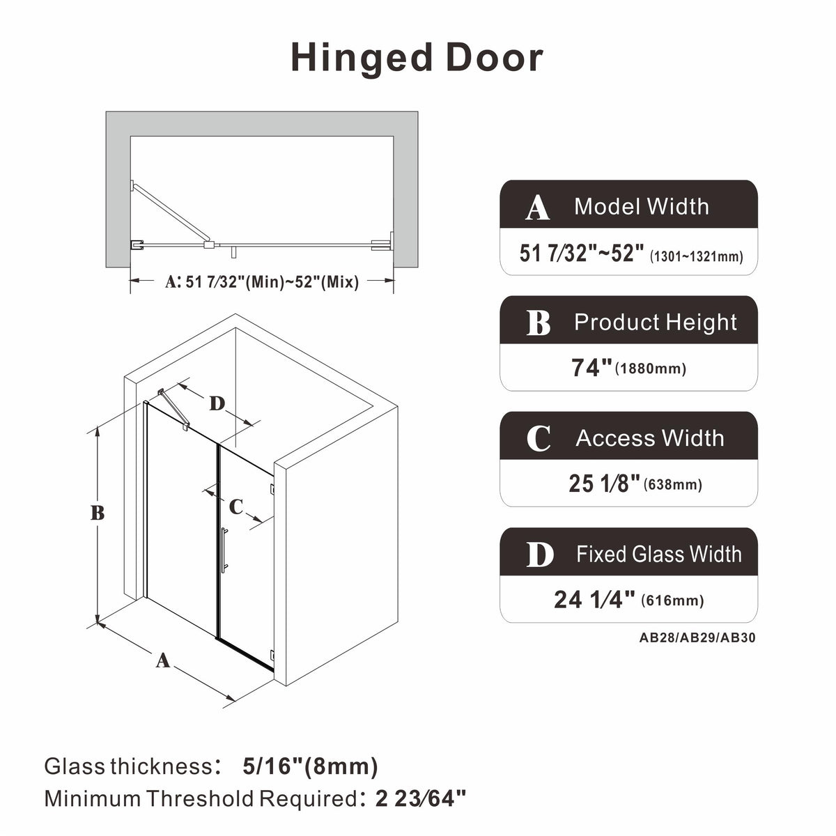 AquivaCoast 51.2-52" W x 74" H Hinged Swing Shower Door, Pivot Frameless Shower Door with 5/16"(8mm) Clear SGCC Tempered Glass, Magnetic Closing, Chrome