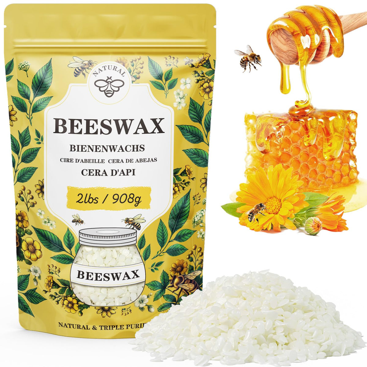 Beeswax pellets 2LB/5LB/10LB/20LB, VEGISHINE Pure and Natural White Beeswax for Candle Making, DIY Skin Care, Lip Balm, Polishing, Lotion, Soap, Candle Making Supplies