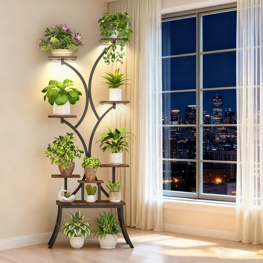 Plant Stand Indoor with Grow Lights 63 Tall Plant Shelf, Lighted Corner Plant Stands for Indoor Growing 8 Tiered Large Flower Holder C-Shaped Decorative Rack for Living Room Black (8 platforms)
