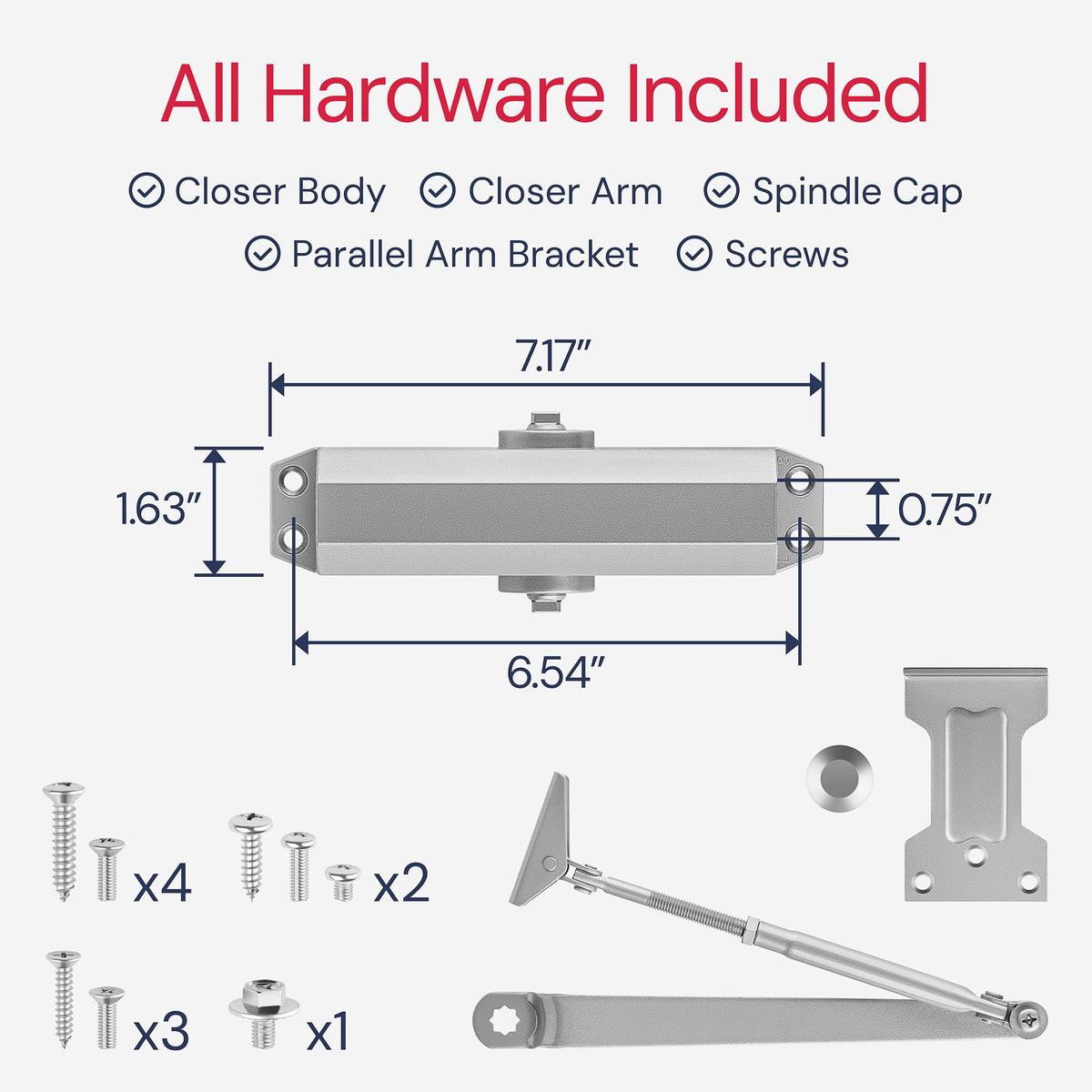 Door Closer for Interior and Light Commercial Door Use Power Size #3 Cast Aluminum Standard Duty Door Closer Automatic Closing and Latching - Embassy Series LH303