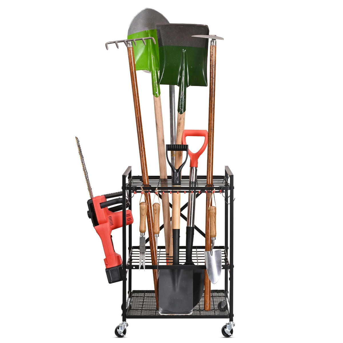 Mythinglogic Garden Tool Organizer for Garage, Yard Tool Rack with Wheels, Garage Organizers and Storage Holder for Yard Tools (Small Tower)