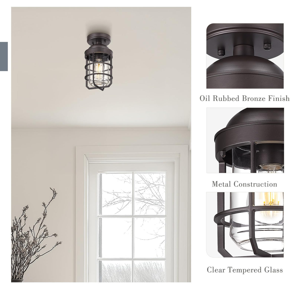 Emliviar Semi Flush Mount Ceiling Light Fixtures, 2 Pack, Oil Rubbed Bronze, Clear Tempered Glass Shade, Model GE255LF-2PK ORB