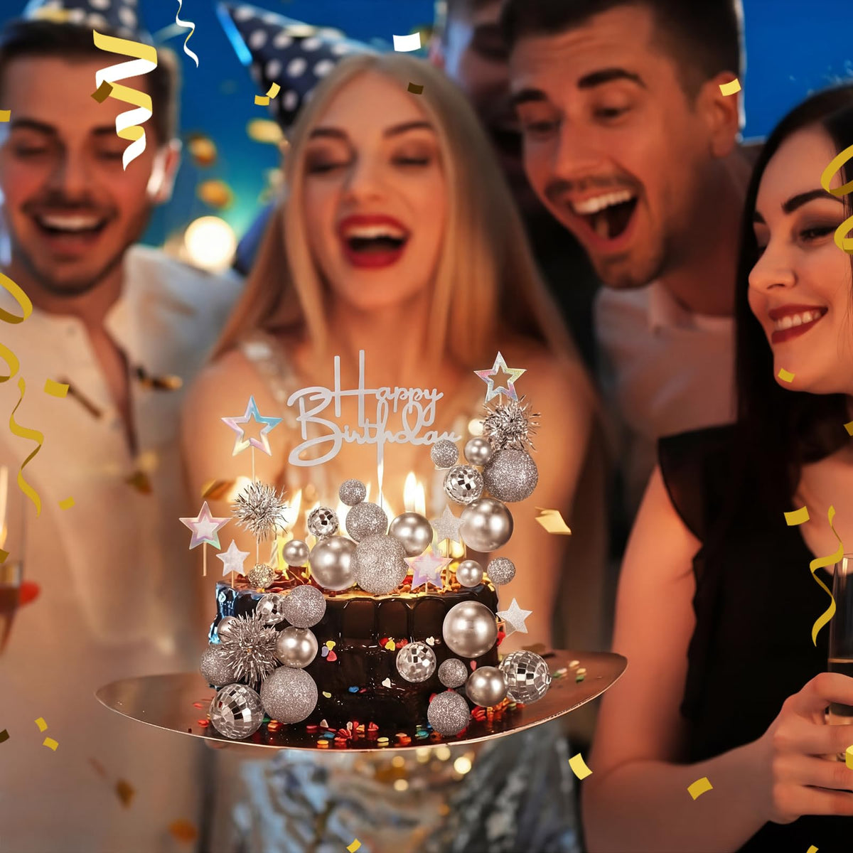 Teenyyou 57 Pcs Disco Cupcake Toppers Glitter Happy Birthday Cake Topper Cake Decorations Kits Disco Balls Star Tinsel Firework Cupcake Picks for Wedding Baby Shower Birthday Party Decor