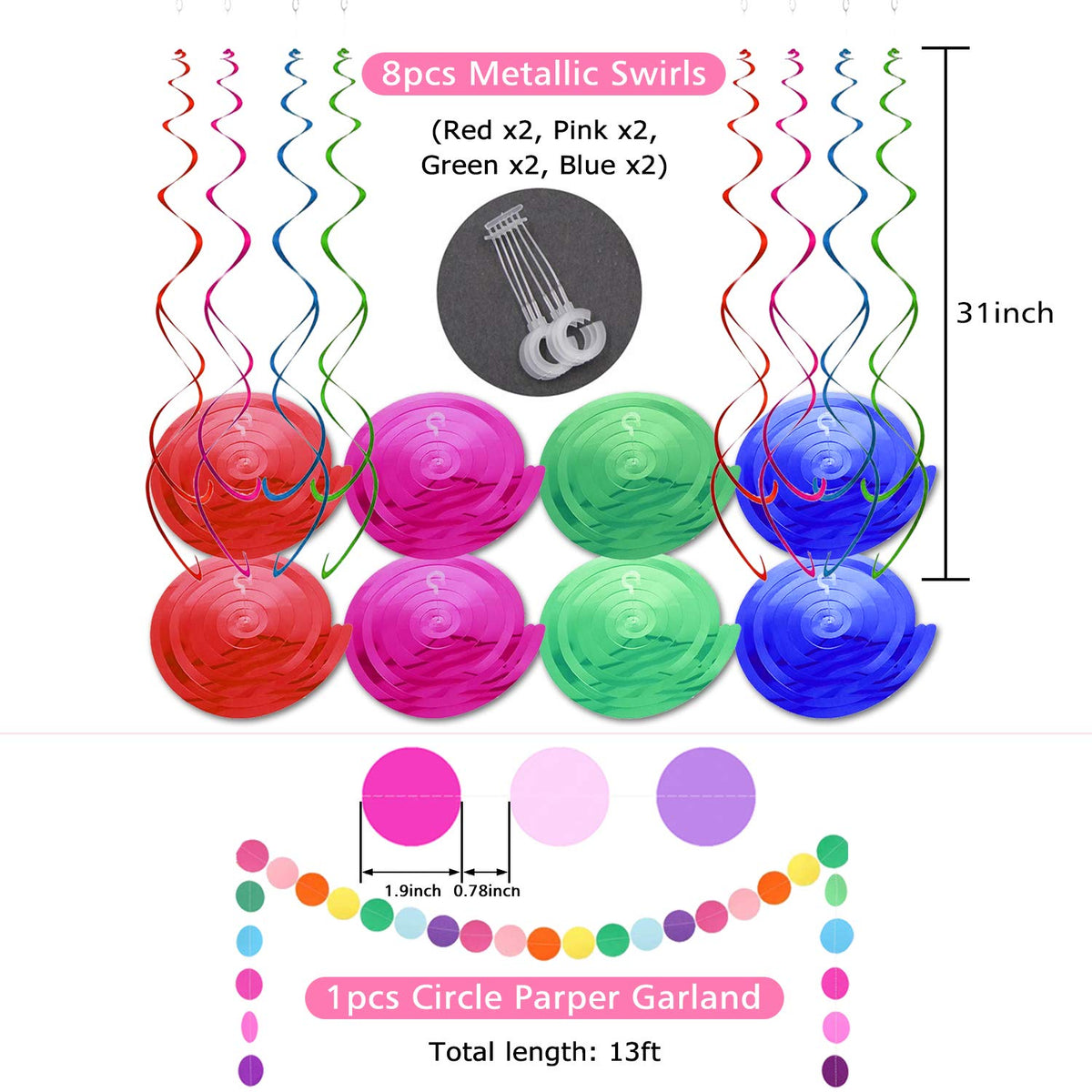 Happy Birthday Banner, Rainbow Birthday Banner, 6 Honeycomb Balls, 8 Metallic Hanging Swirls and Circle Parper Garland, Happy Birthday Decorations