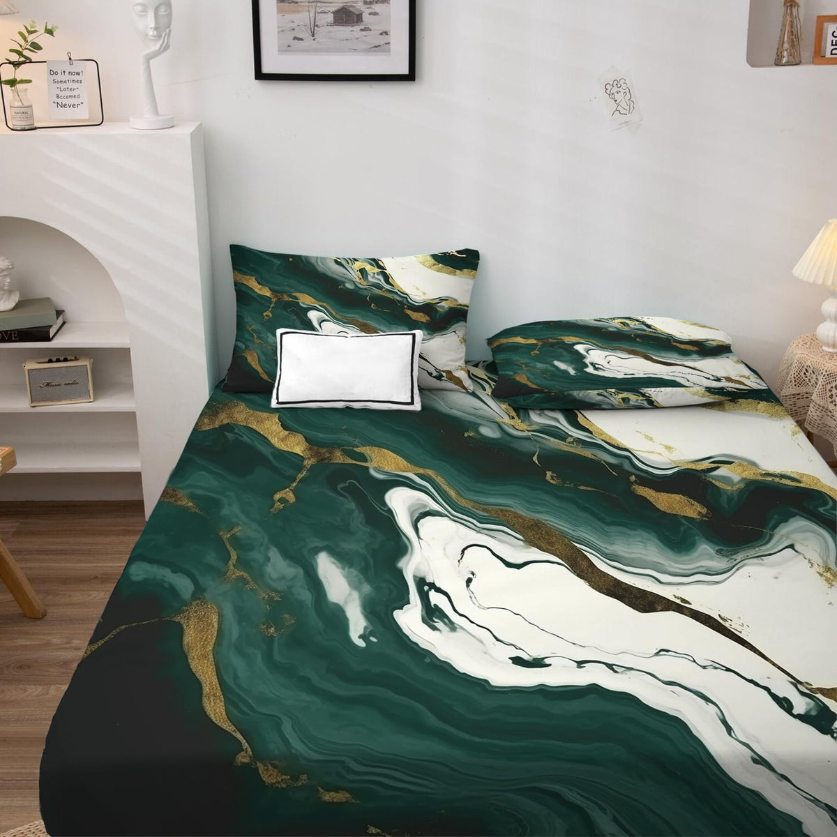 THYUNQ Emerald Green Marble Sheets Queen Size Bed, Abstract Pattern Sheet Set & Bedroom Decor - 16 Inch Deep Pocket, Super Soft Microfiber Bedding Sheets & Pillowcases 4 Piece
