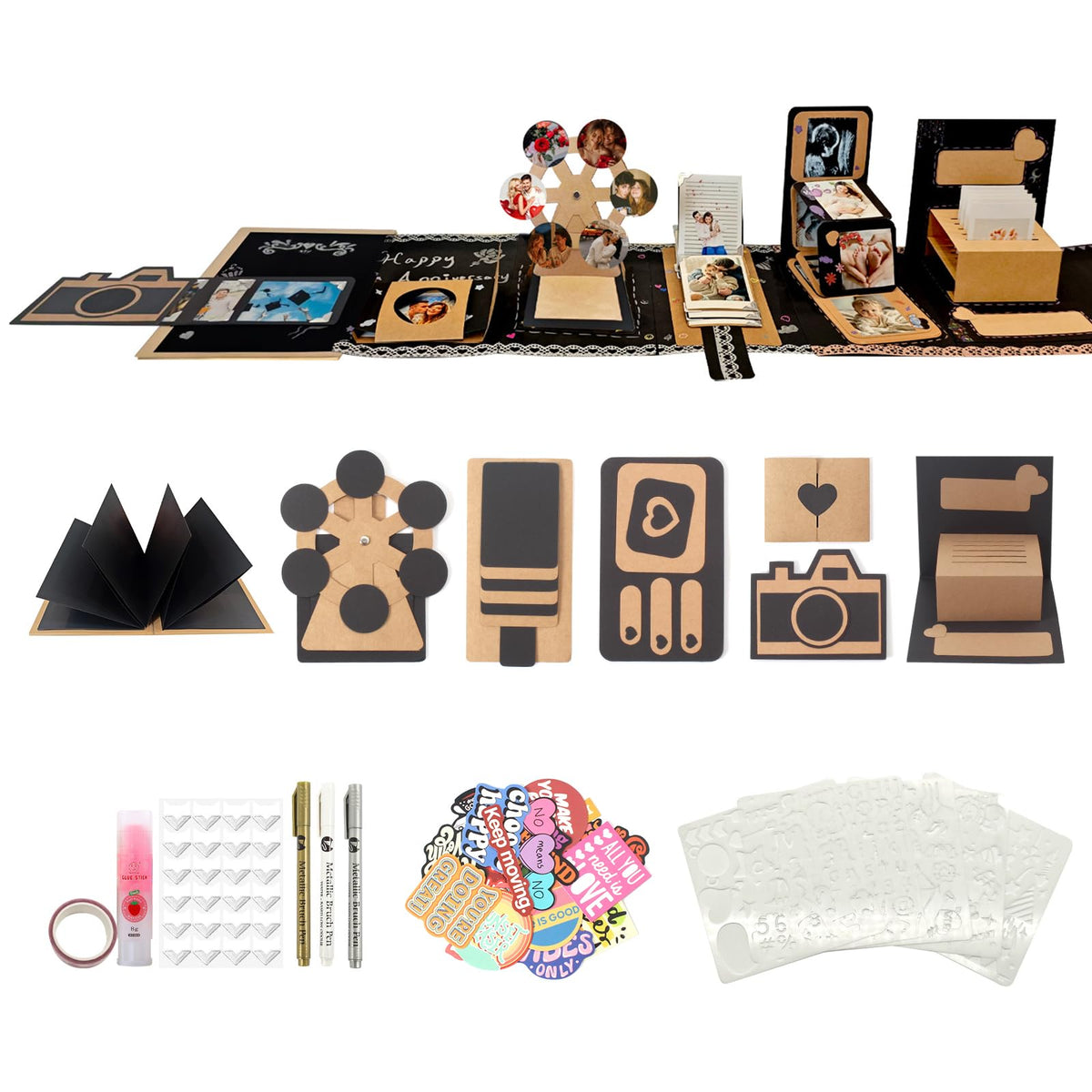 DIY Scrapbook Album Creative Scrapbooking Kit Photo Album 3D Interactive Memory Book for Wedding, Baby, Anniversary, Family Photos Adventure Book Travel Diary Photo Book Album DIY 3D Decoration Card