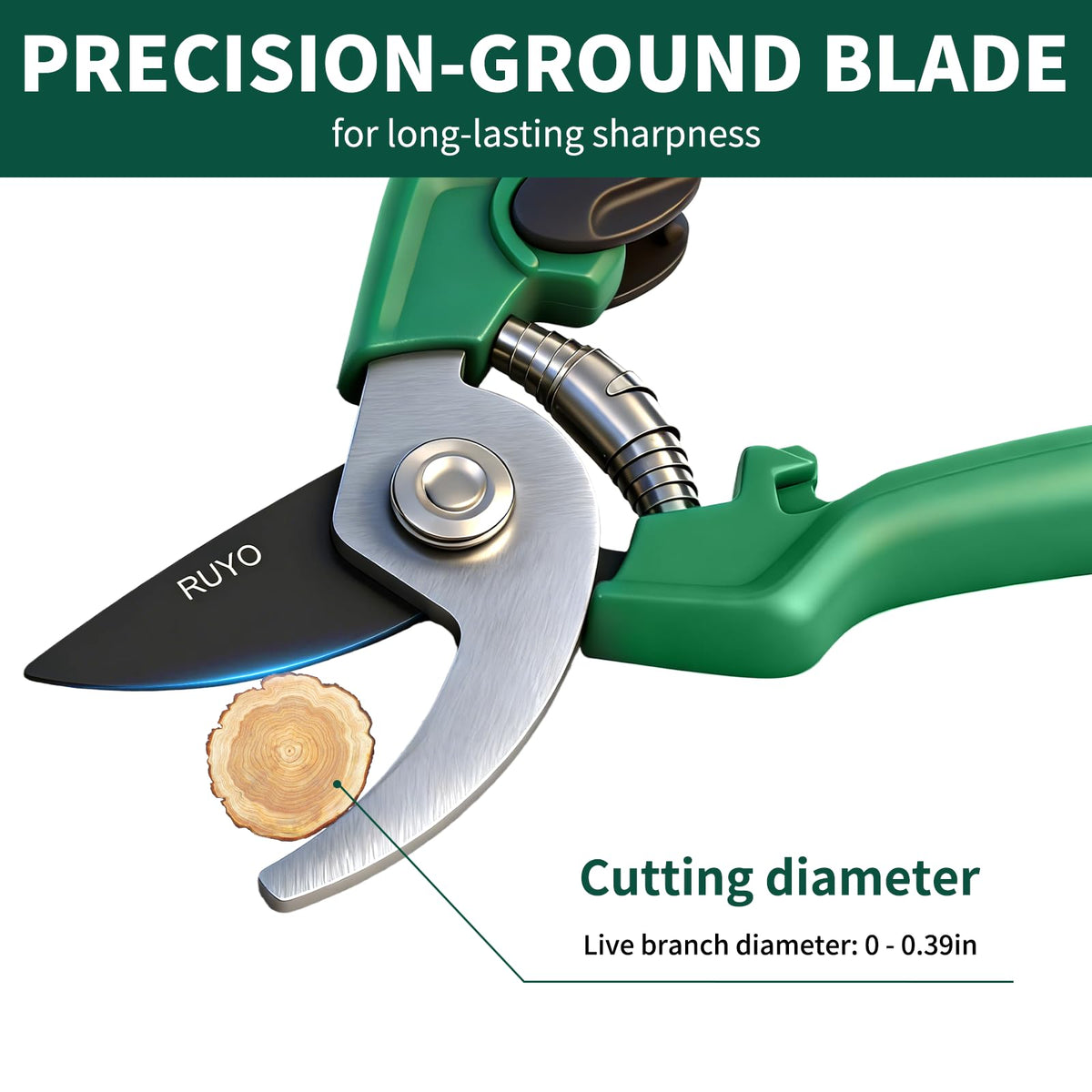 Bypass Pruning Shears, 3/8-Inch Cut Capacity Garden Clippers, Gardening Scissors with Sharp, Rust Resistant Steel Blade (Green, 3/8'')