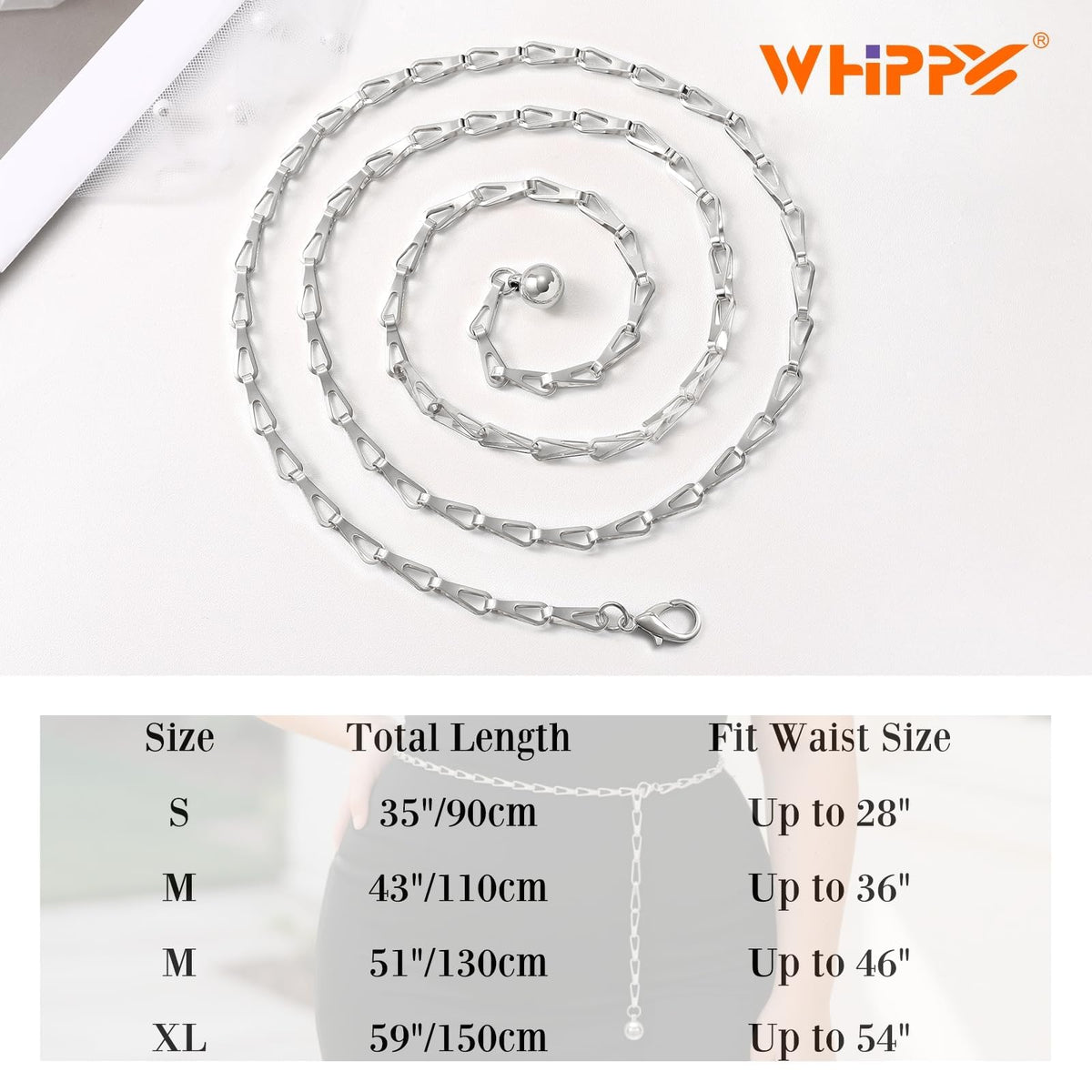 WHIPPY O-Ring Metal Waist Chain Belt Women Fashion Adjustable Body Link Belts for Jeans Dresses, Gold Link M