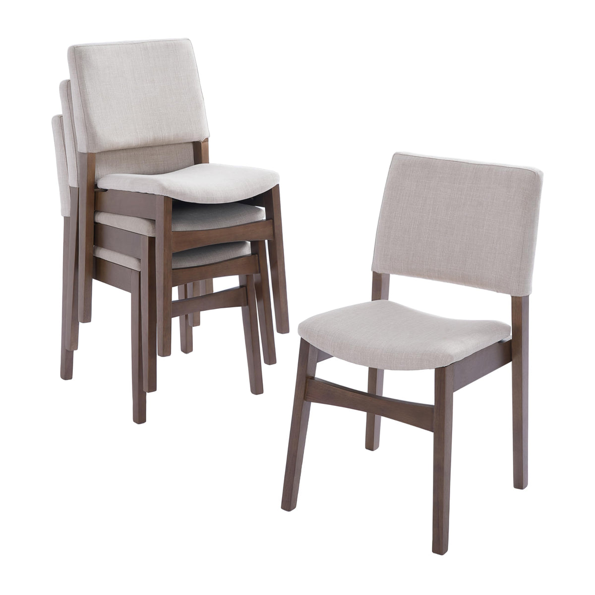 Upholstered Stackable Dining Chairs Set of 2 Linen Fabric Seat Backrest, Solid Wood Frame, Rustic Kitchen Chairs for Dining Room, Living Room, Dark Walnut