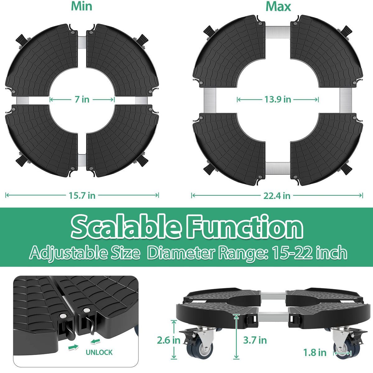 VANCASTLE Plant Caddy with Lockable Wheels Heavy Duty 450lbs Capacity, 15-22 Inch Adjustable Plant Stand with Wheels Rolling base, Plant Dolly for Flower Pot Mover Indoor Outdoor, Black, 2 Pack