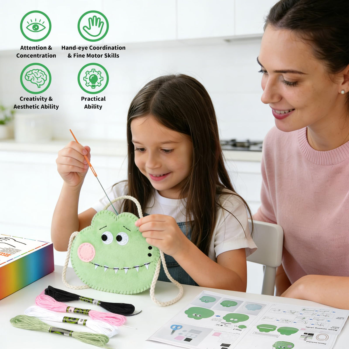 MIJIUWJ DIY Sewing Kit for Kids, Super Soft Plush Fabric Crocodile Crossbody Bag Embroidery Starter Kit for Beginners Arts and Crafts for Kids Ages 8-12, Learn to Sew Felt Birthday Gifts for Girls 6-8