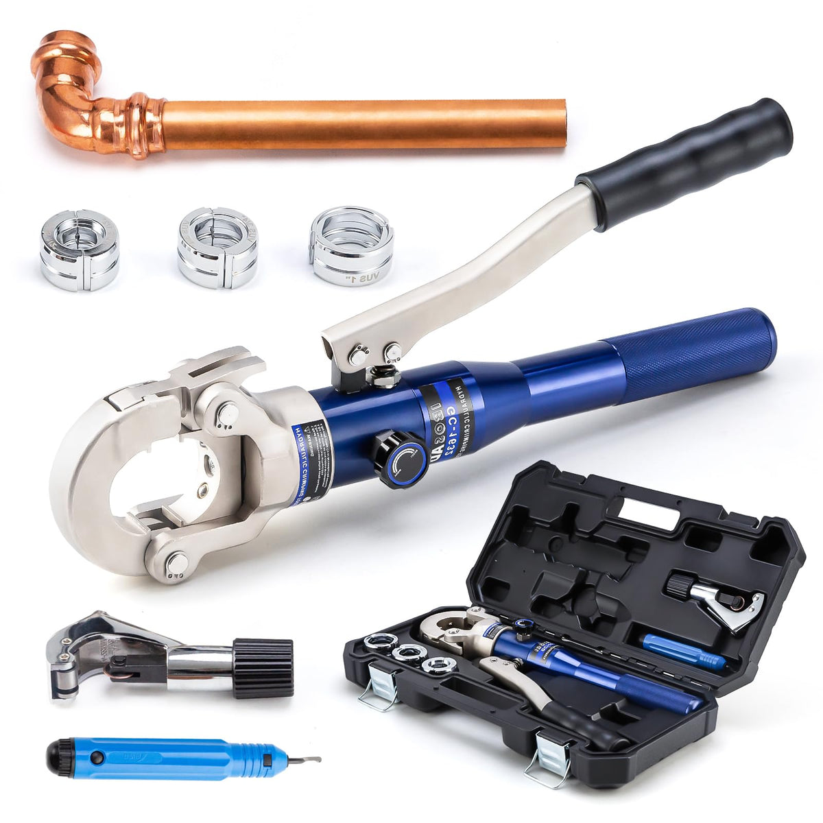 IBOSAD Copper Tube Fittings Hydraulic Pipe Crimping Tool with 1/2",3/4" and 1" Jaw Copper Pipe Press Crimper Pressing Pliers, with Pipe Cutter