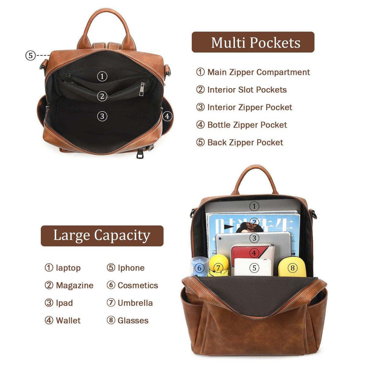 AGLOD Leather Backpack Purse for Women Designer Ladies Shoulder Bag Fashion Faux Work Travel Handbags