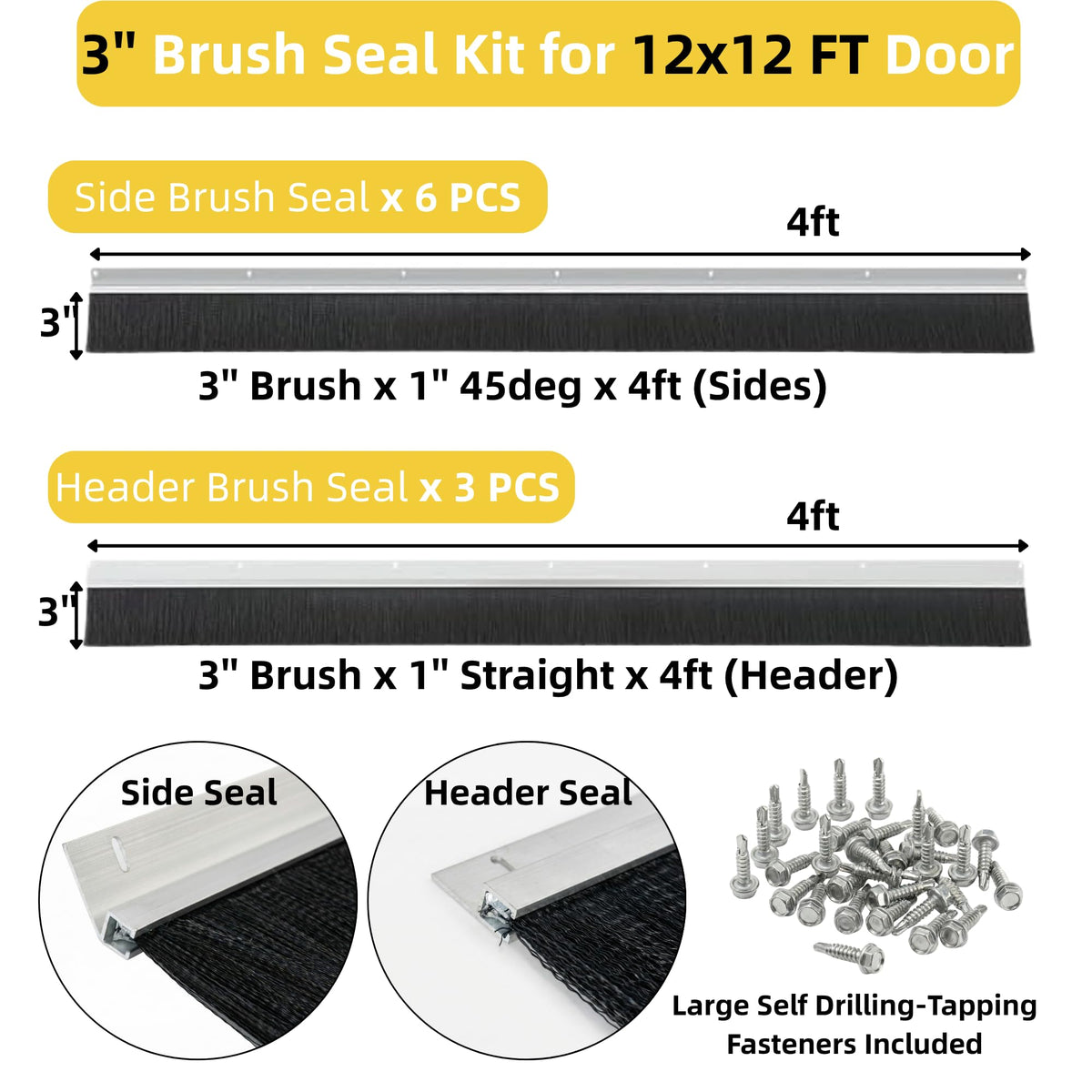 Mindoub 36 FT Garage Door Brush Seal Kit for 12'W X 12'H Doors, 3" High-Density Long Nylon Bristle with Pre-Drilled Aluminum Track, Complete Top and Side Weather Stripping for Commercial Doors