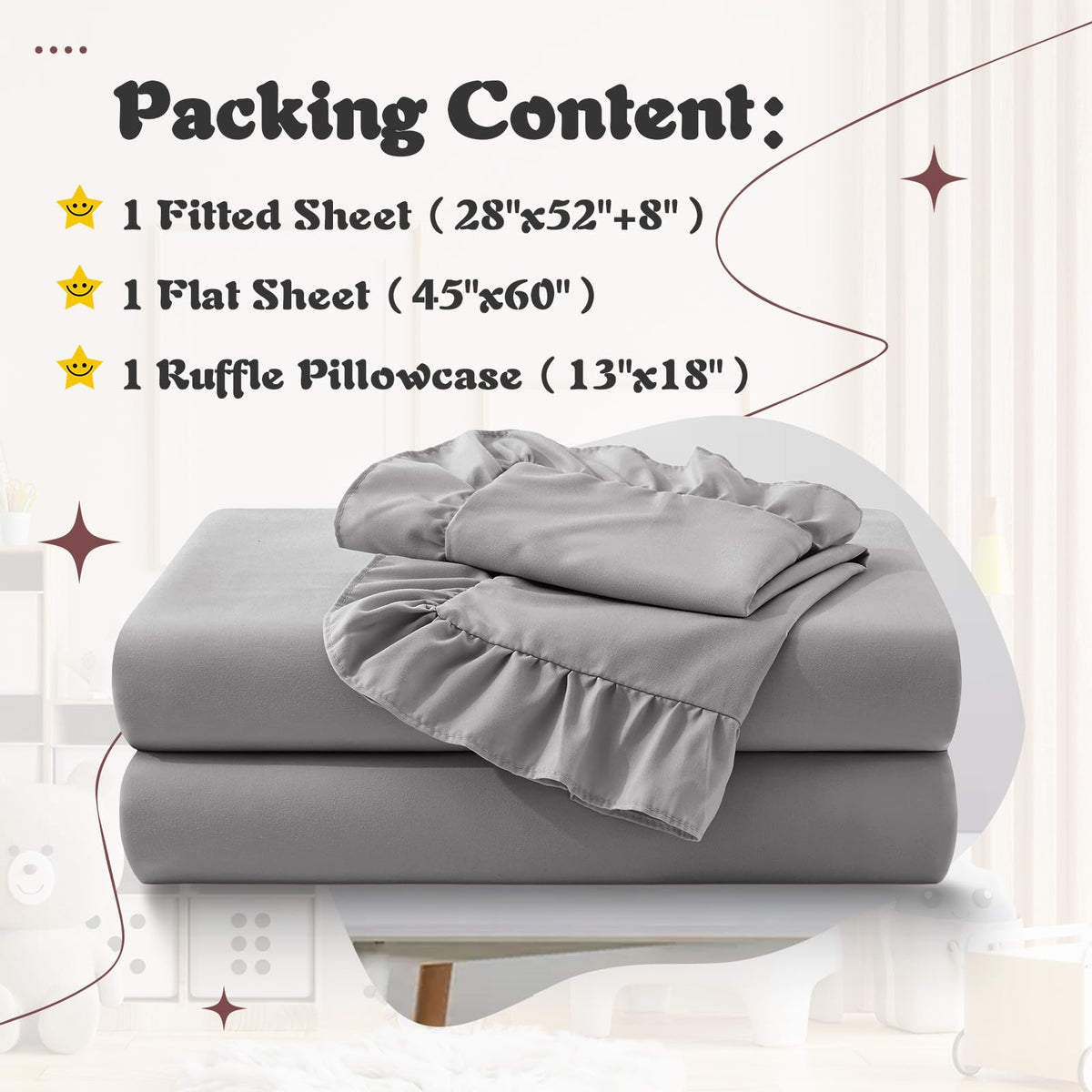 KKJIAF 3 Piece Toddler Sheet Set Microfiber, Includes a Flat Sheet, a Fitted Sheet and a Ruffle Pillowcase, Grey