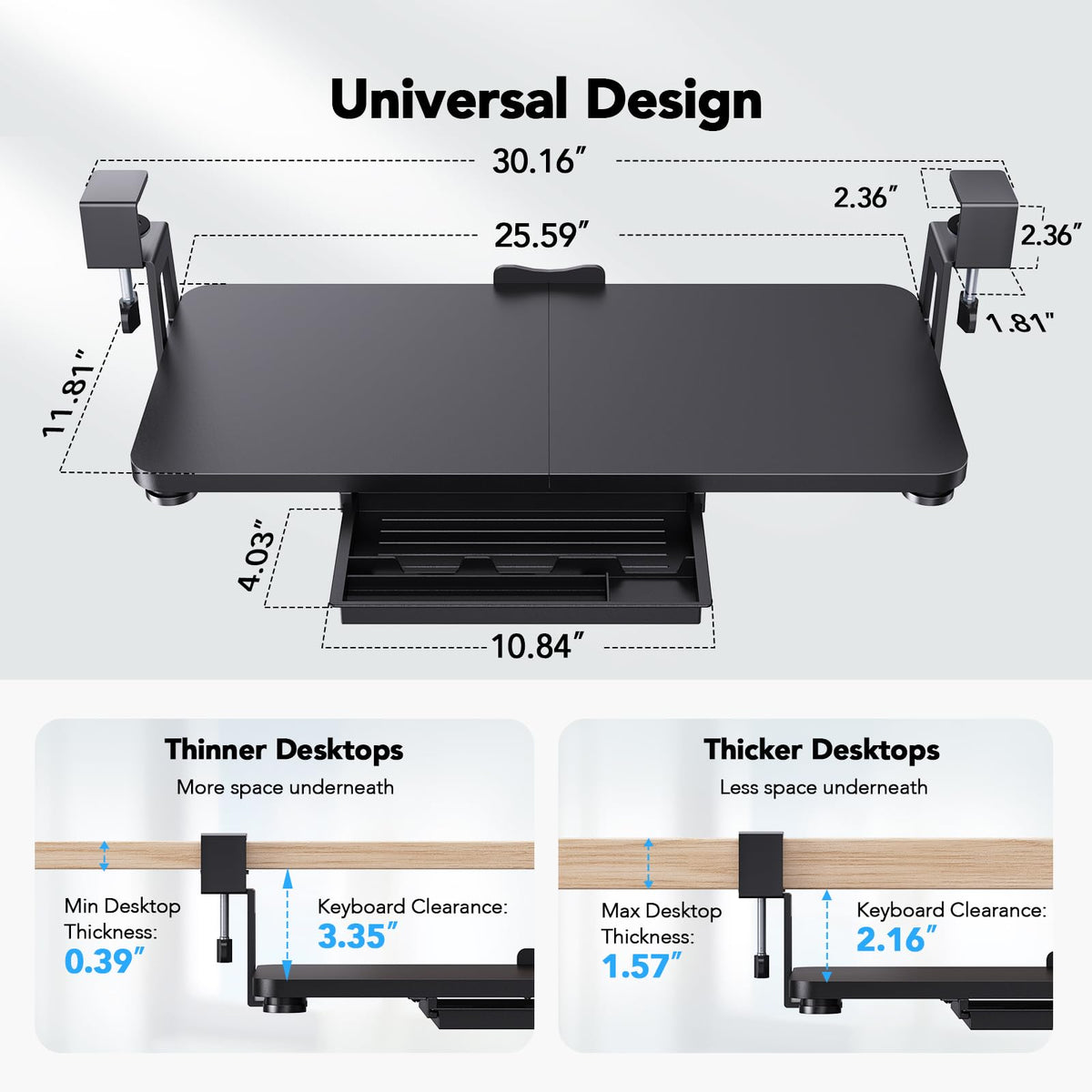HUANUO Large Under Desk Keyboard Tray with Sturdy C-Clamp Mount, 26 (30.16" Including Clamps) x 12 inch Slide-Out Platform Computer Desk Heavy Duty Keyboard Tray with Storage Drawer for Typing, Black
