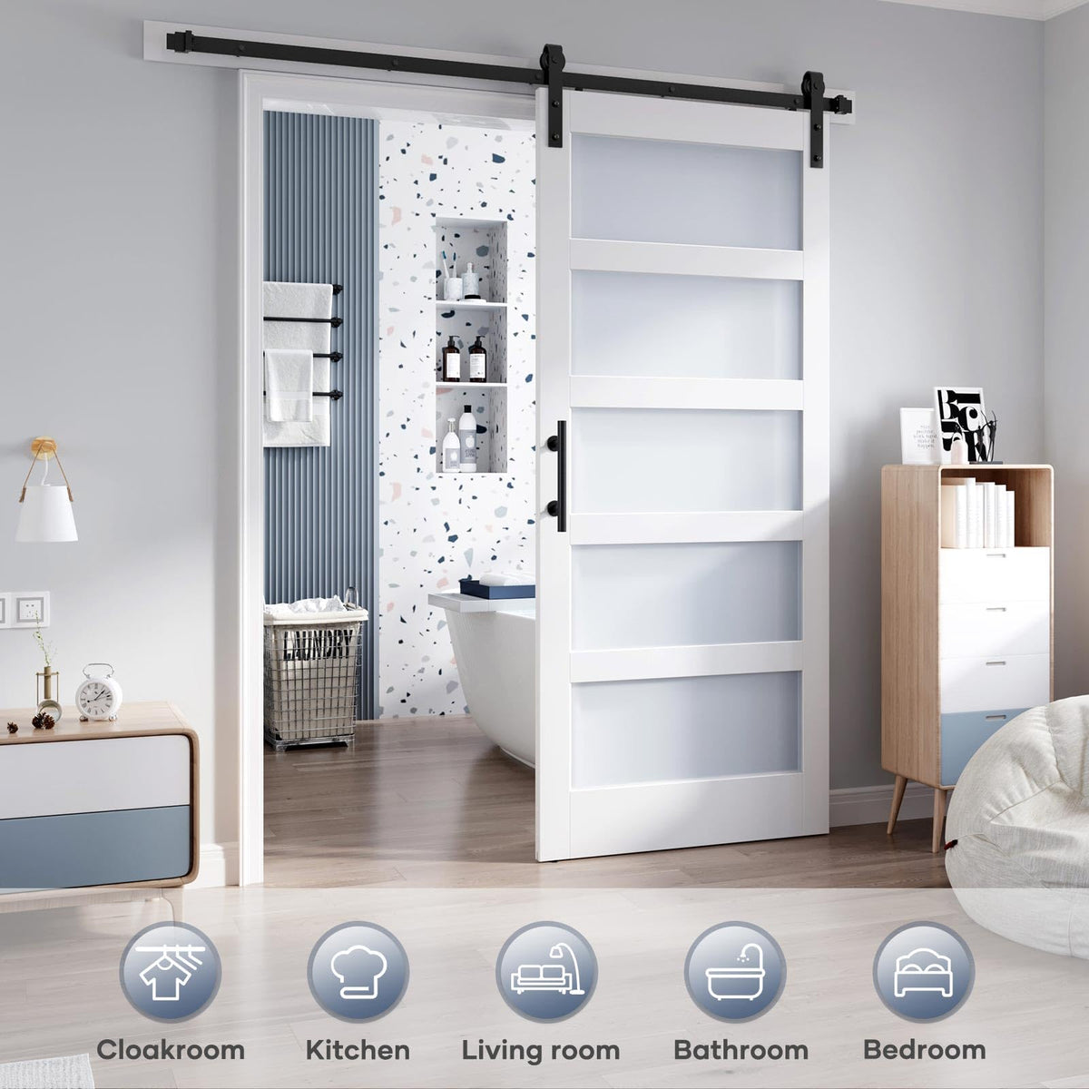 ROYMELO 36x80 Inch Glass Sliding Barn Door Slab and 6.6ft Hardware Kit Included, 5 Frosted Glass, LVL Wood Panel Covered with White Water-Proof Scratch-Proof PVC Surface, Simple DIY Assembly