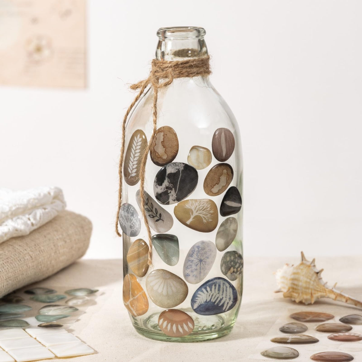Doukado 60 Pcs 3D Epoxy Pebble Stickers, Aesthetic Stone Ephemera with Glossy Crystal Finish, Nature-Inspired Decorative Resin Decals for Junk Journaling, Scrapbooking, and DIY Art Crafts