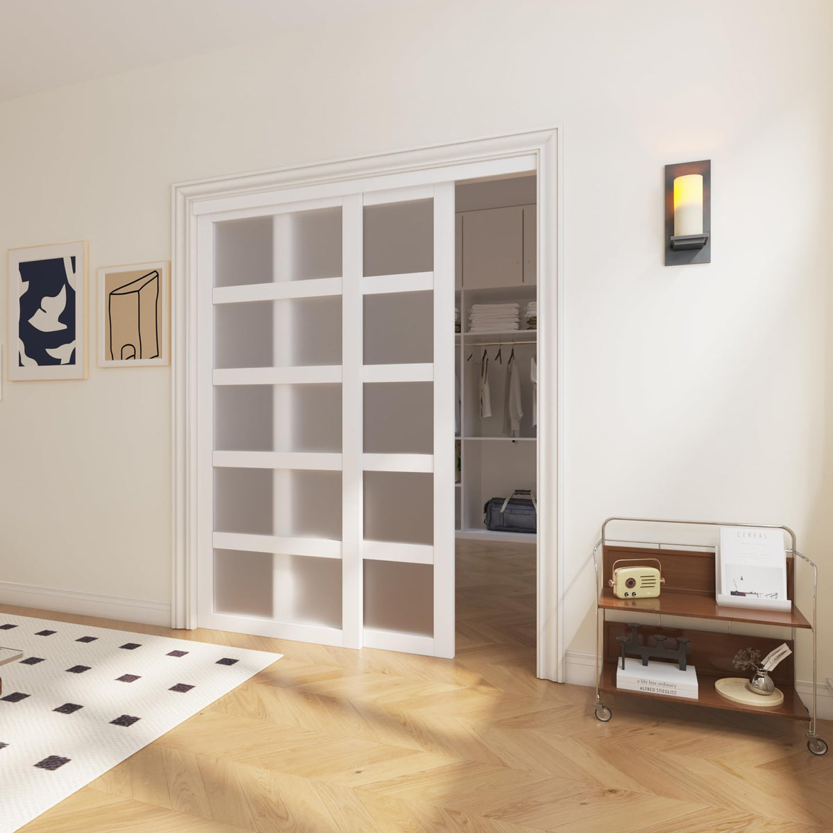 SOLRIG Sliding Closet Door, 5-Lite Frosted Glass Interior Door, 60"(Double 30") x 80" Closet Doors with Complete Hardware Track Kit & Floor Guide, Pre-Drilled Sliding Door Panel Assembly Required