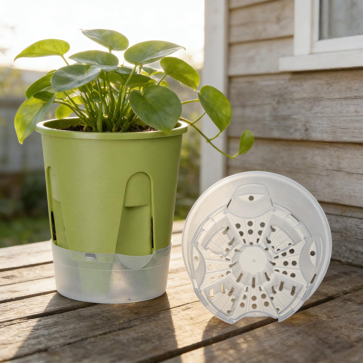 IWNTWY Plant Pots 6 inch Set of 5, Self Watering Pots for Indoor Outdoor, Upgraded Water Inlet Self Watering Planters Flower Pots with Drainage Hole and Clear Saucer Reservoir (Green)
