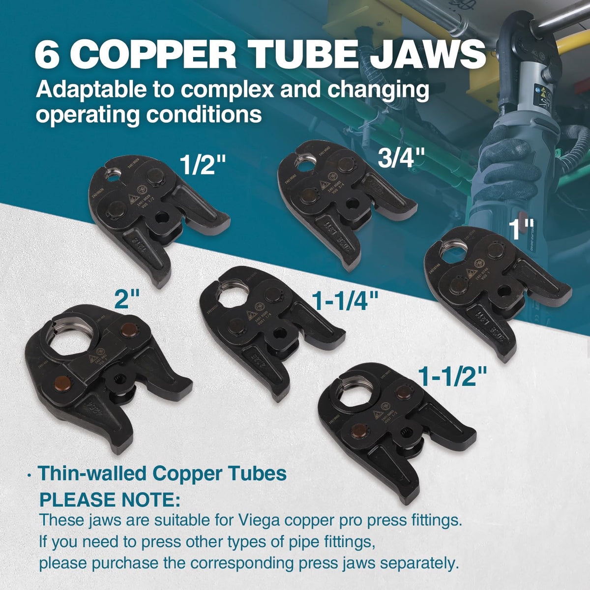 ZUPPER Press Tool, 18V Electric Pipe Crimping Tool for 1/2" to 2" Copper Pipes, Standard Press Tool Kit Suitable for Copper ProPress fittings - with 6 VUS Press Jaws, 2pcs 4AH Battery