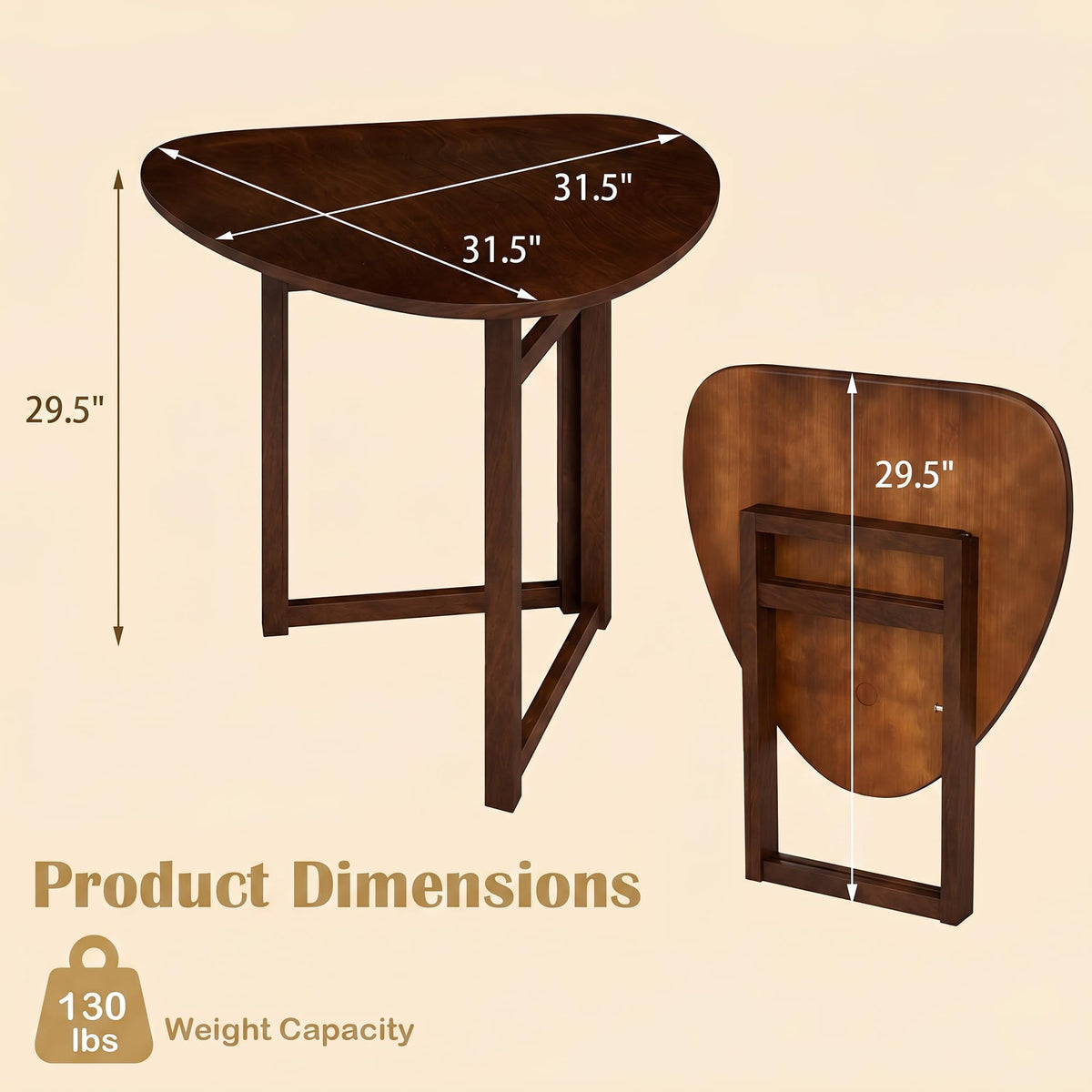 COSTWAY 31.5" Foldable Triangular Dining Table for 2-3, Small Kitchen Table with Walnut Wooden Top, Rubber Wood Legs, Space-Saving Compact Table for Small Apartments & Breakfast Nooks