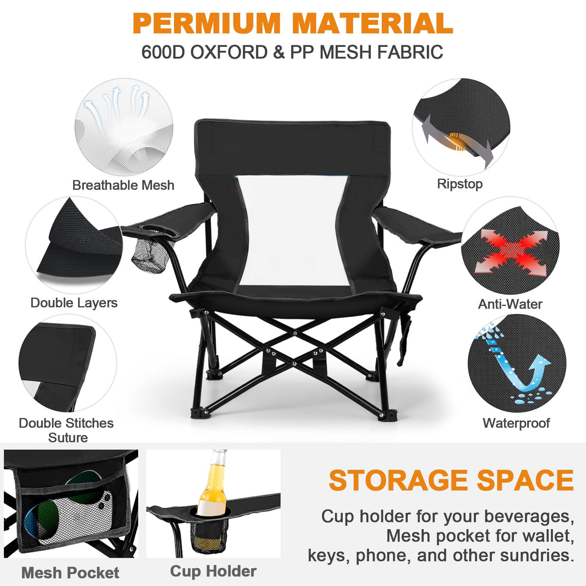 Joyfair Beach Camping Chair (2 Pack), Outdoor Folding Lawn Chair for Adults, Heavy Duty Portable Chair with Armrest for Outside Fishing, Sport, Patio, Cup Holder & Storage Pocket, Carry Bag (Black)