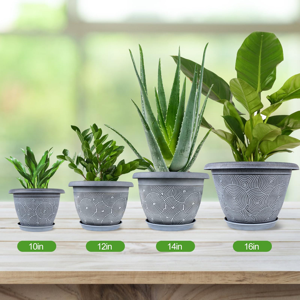 10 Inch Flower Pots Planters for Indoor Outdoor Plants, 3 Pack Plastic Large Plant Pots with Drainage Hole & Tray, Modern Decorative Garden Pot with Saucer, Plant Container for House