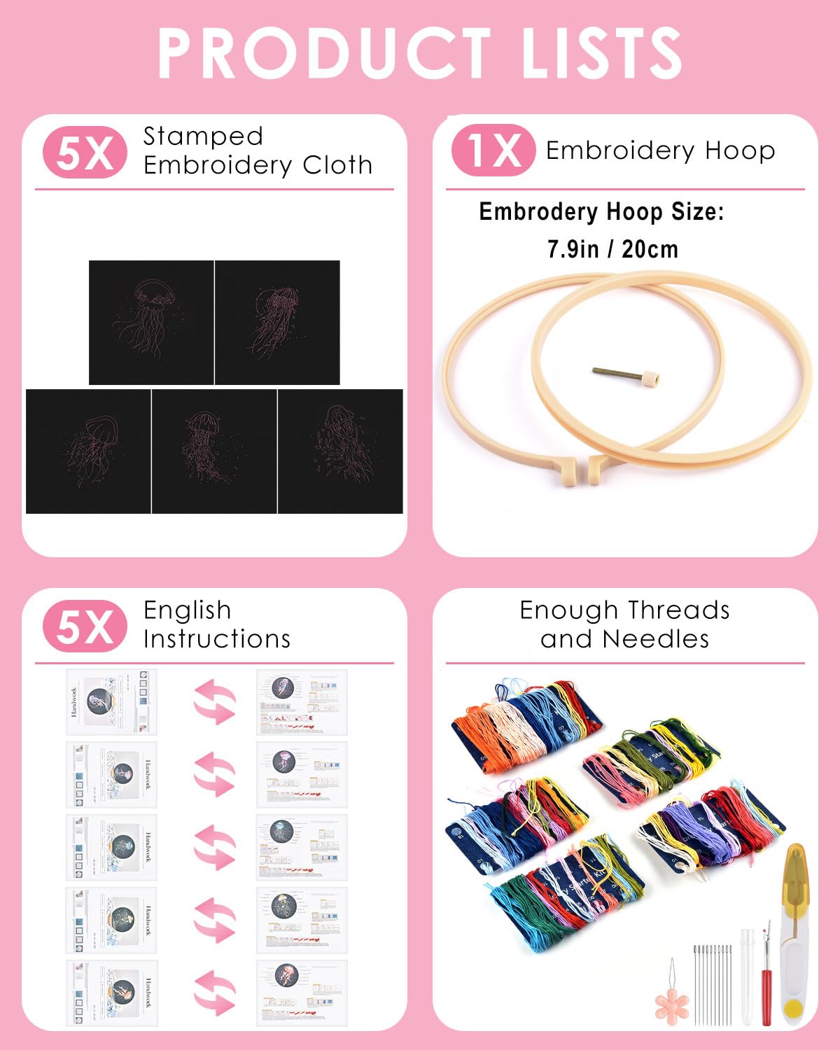 TINDTOP Embroidery Kit for Adults, 5 Sets Jellyfish Embroidery Kit for Beginners Include Embroidery Cloth Hoops Threads for Craft Lover Hand Stitch with Embroidery Skill Techniques